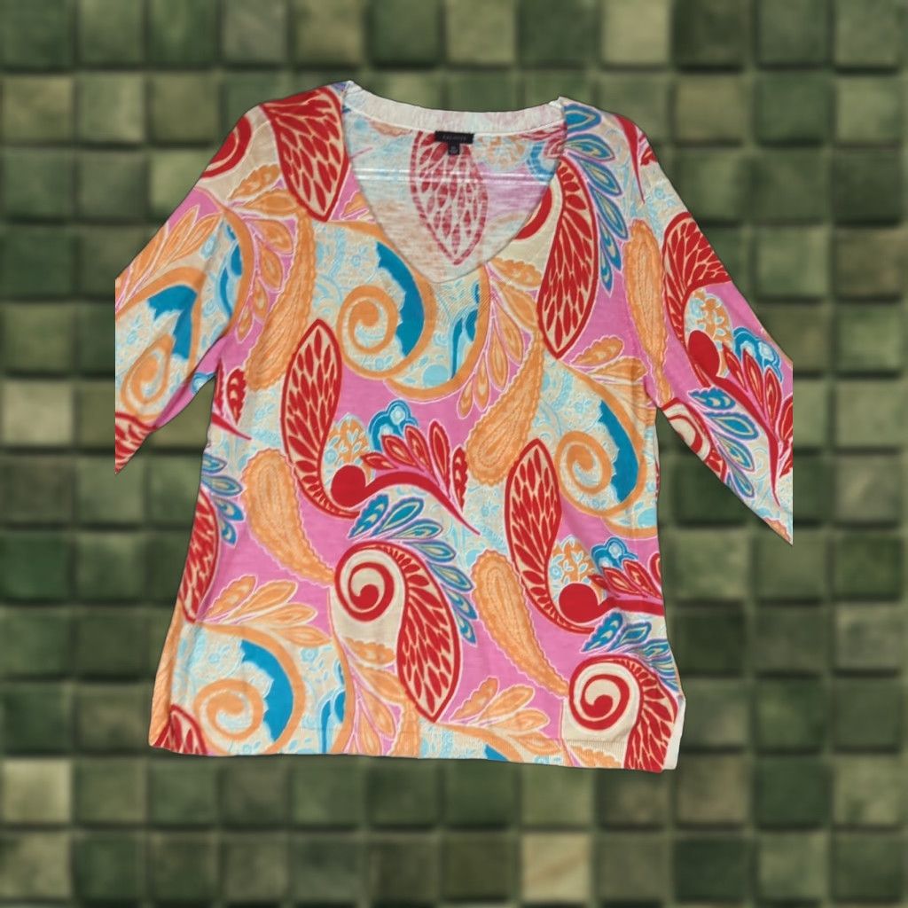 Talbots Talbots Sweater Top Women XL Multicolor 100% Cotton V-Neck 3/4 Sleeve Pullover Lightweight Knit Paisley Casual Wear Womens Size XL / US 12-14 / IT 48-50 - 1 Thumbnail