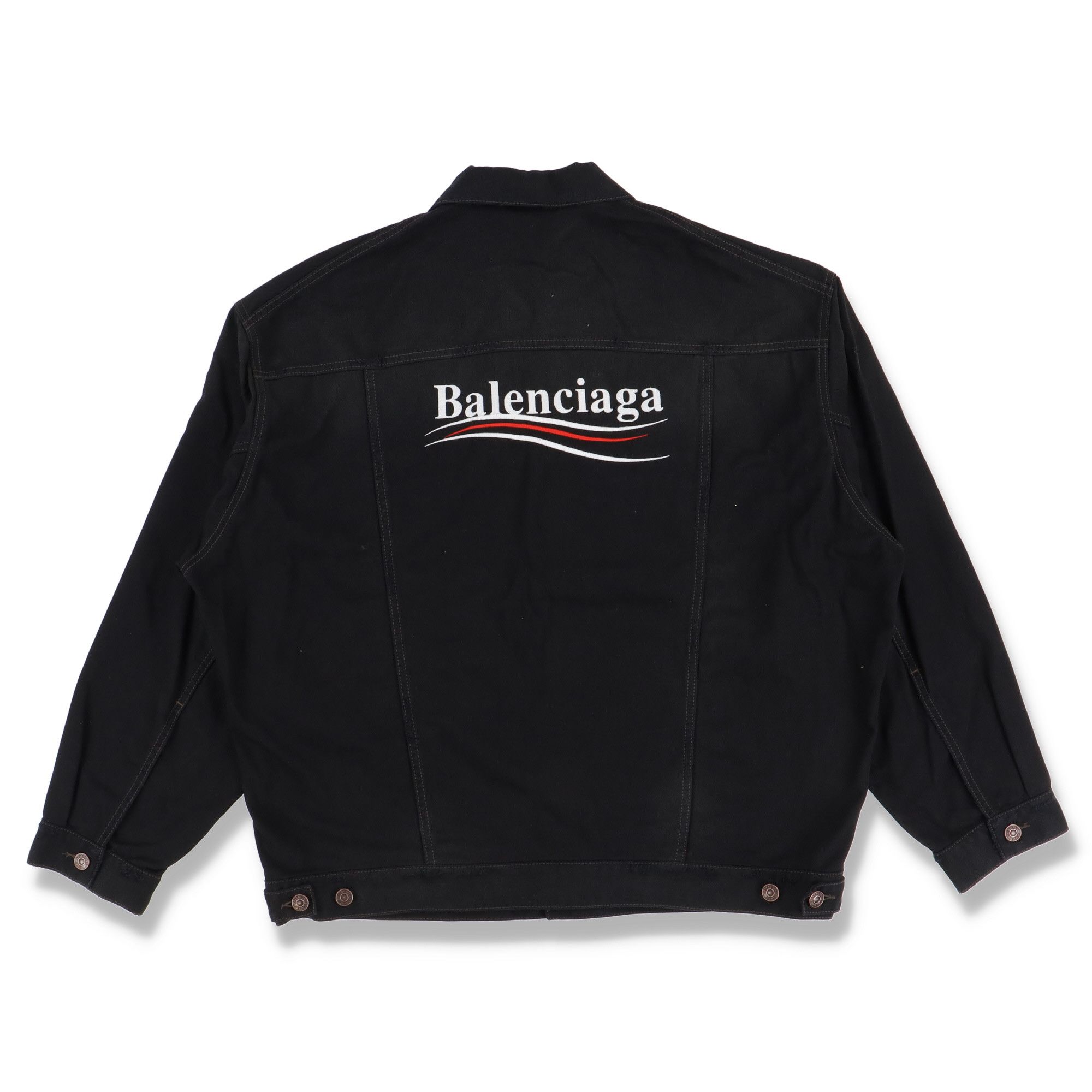 image of Balenciaga Black Embroidered Political Logo Denim Jacket, Women's (Size XS)