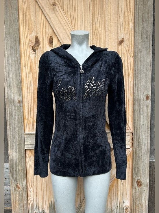 Harley Davidson Harley Davidson Black Velour Rhinestone Zip Hoodie Jacket Size M / US 6-8 / IT 42-44 - 1 Thumbnail