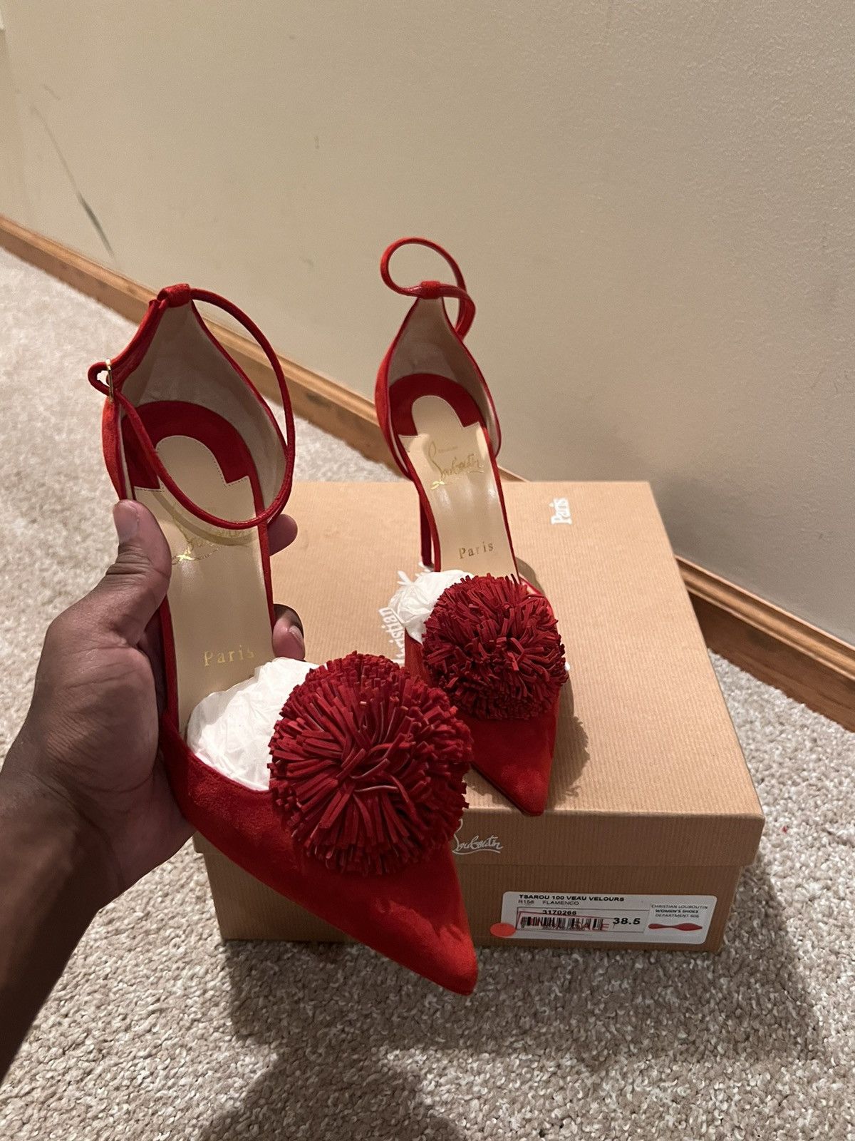 Christian Louboutin CHRISTIAN LOUBOUTIN Tsarou 100 red suede pom pom Size US 8.5 / IT 38.5 - 5 Thumbnail