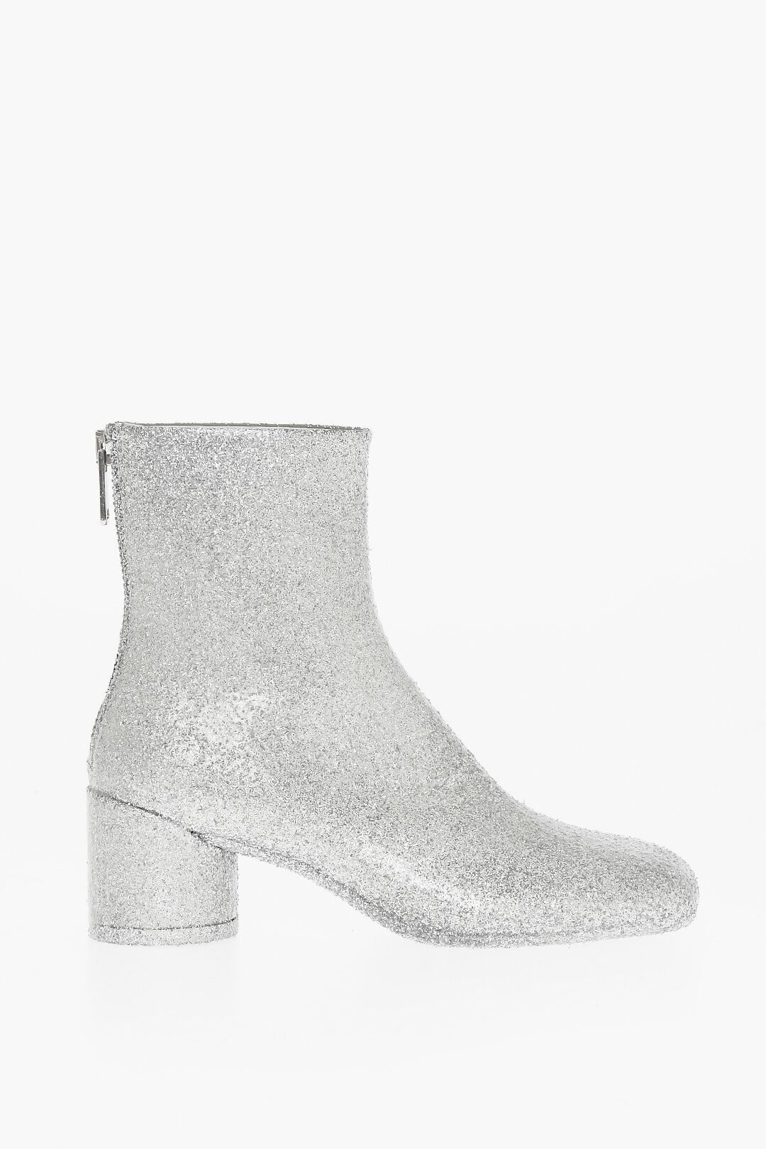 og1mm1224 Square-Toe Glitter Booties in Silver