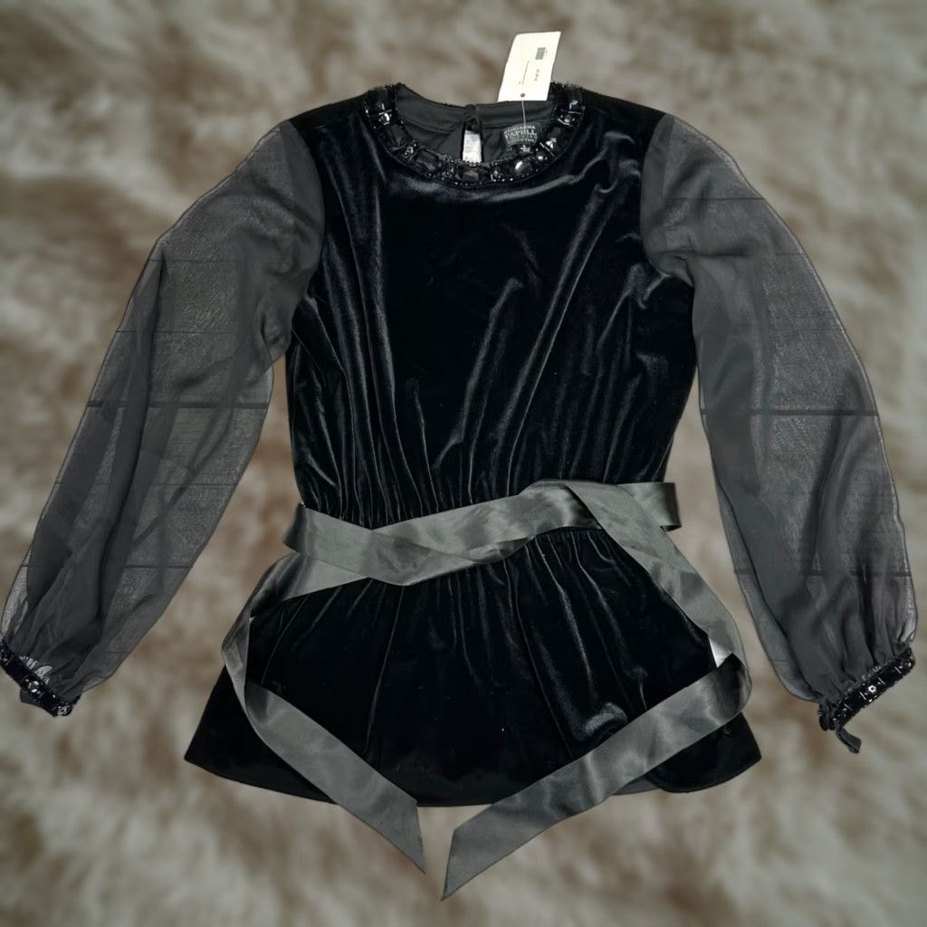 Adrianna Papell Adrianna Papell Velvet Blouse Sz 6 Black Gothic Sheer Sleeve Embellished Neck Belted Women's Shirt Size M / US 6-8 / IT 42-44 - 1 Thumbnail