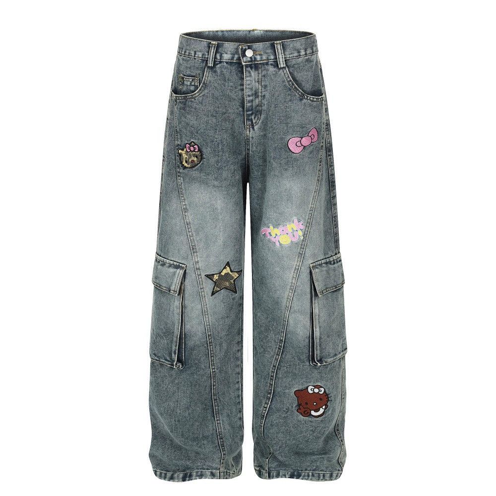Punk distressed funny embroidered wide-leg washed work jeans
