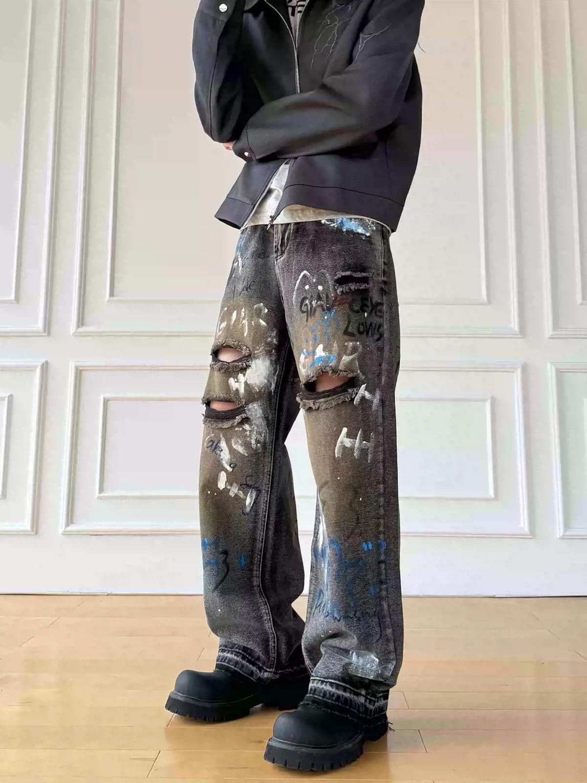 Other Graffiti-Print Ripped Wide Leg Baggy Jeans Size US 32 / EU 48 - 2 Thumbnail