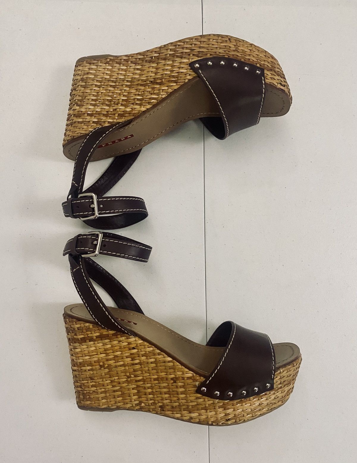 Prada Prada Brown Leather Wicker Wedge Sandals 3XZ175 10 US NEW Size US 10 / IT 40 - 4 Thumbnail