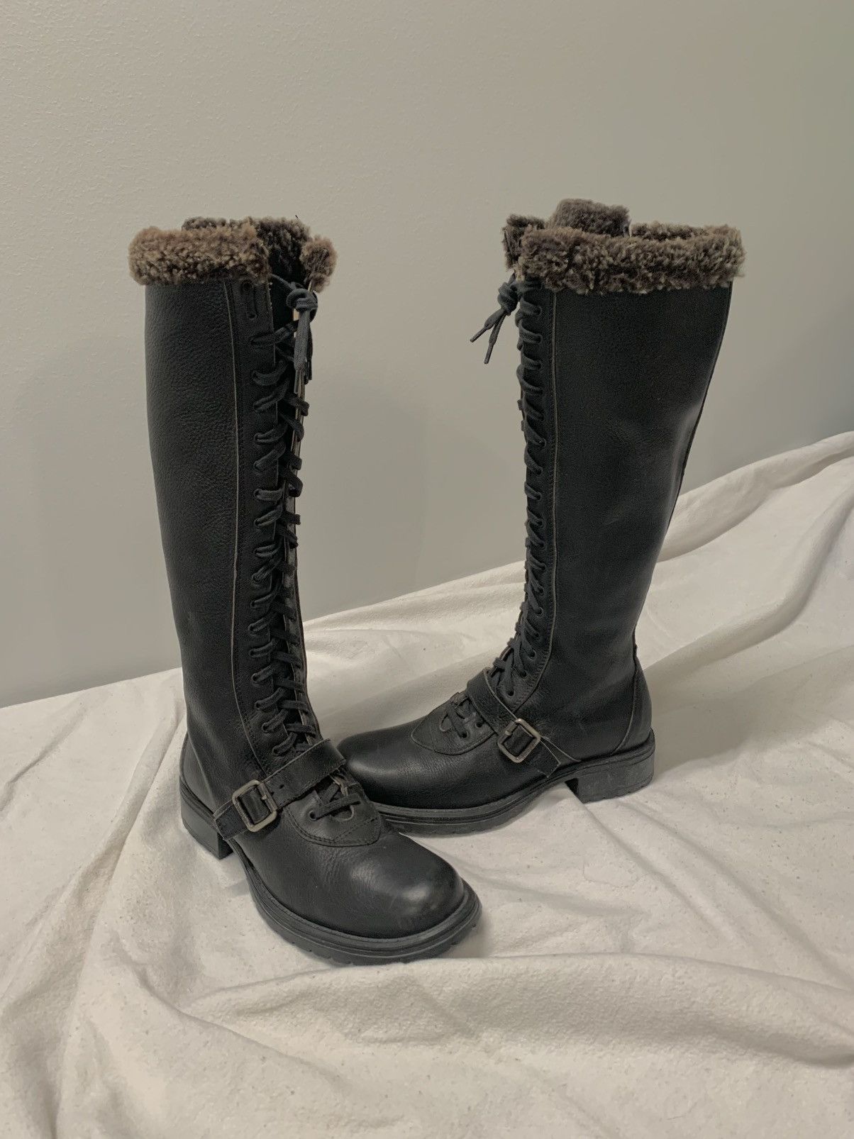 VINTAGE BUMPER HIGH LEATHER BOOTS FAUX FUR LACE UP