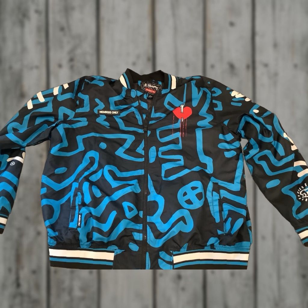 Keith Haring X Members Only Jacket Men AOP Multicolor Geometric Windbreaker Short Full Zip L