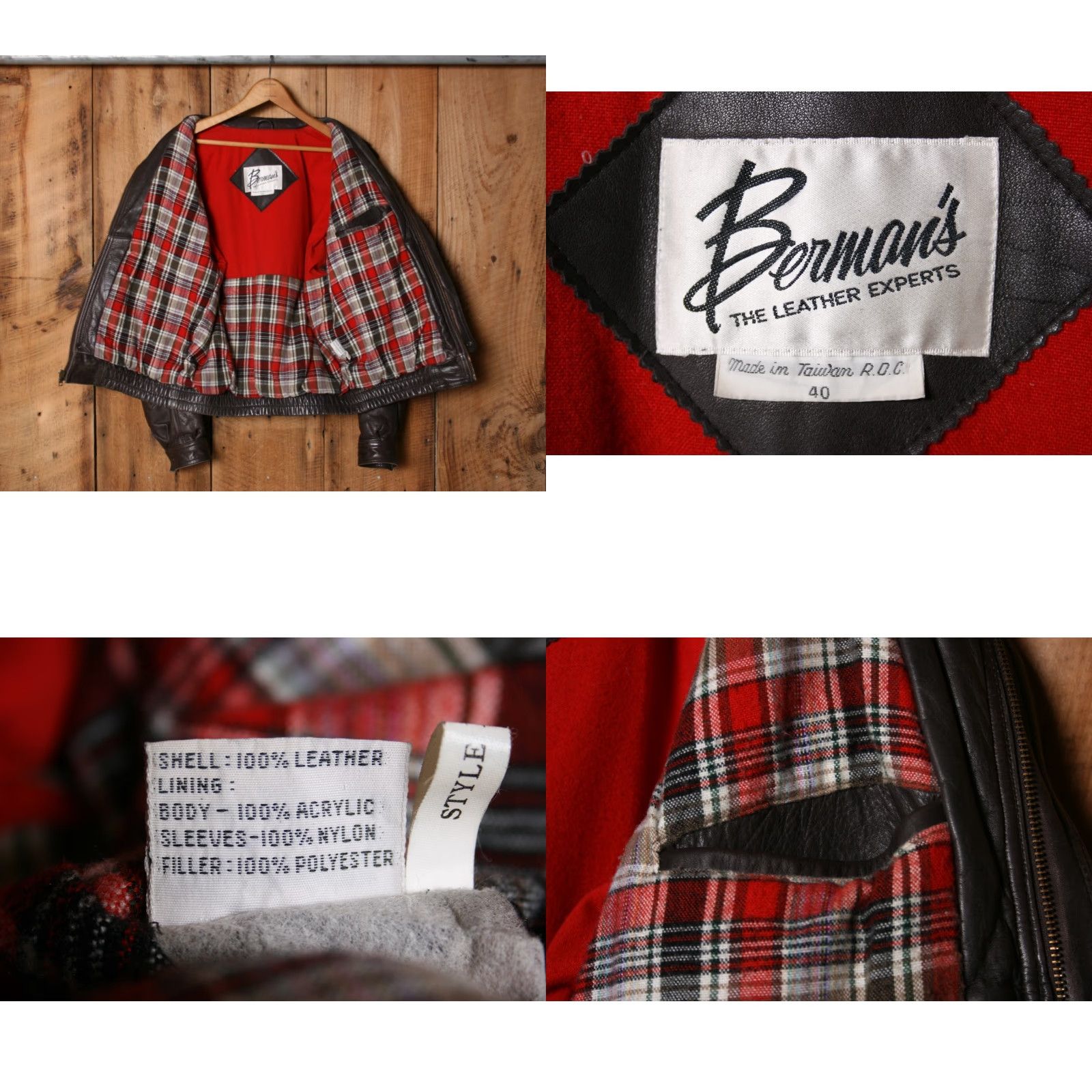 Vintage VINTAGE BERMAN'S Brown Leather Red Plaid Lined Cafe Racer Bomber Jacket Sz. 40 Jacket Men Size US XXS / EU 40 - 9 Thumbnail