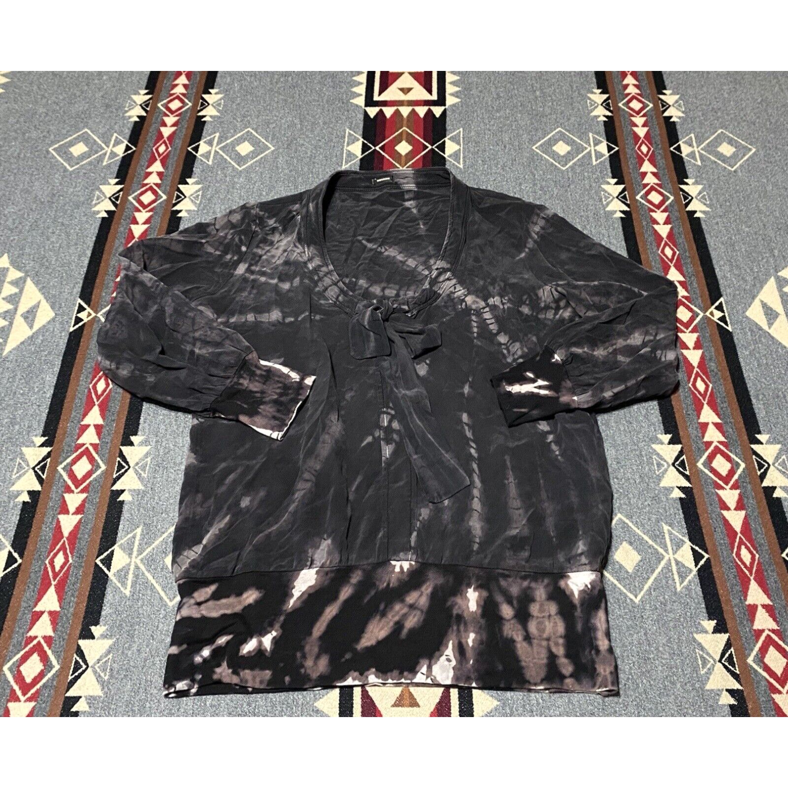 image of Monrow Women Tie Dye Long Sleeve 100% Silk Top Size S Multicolor T47 in White