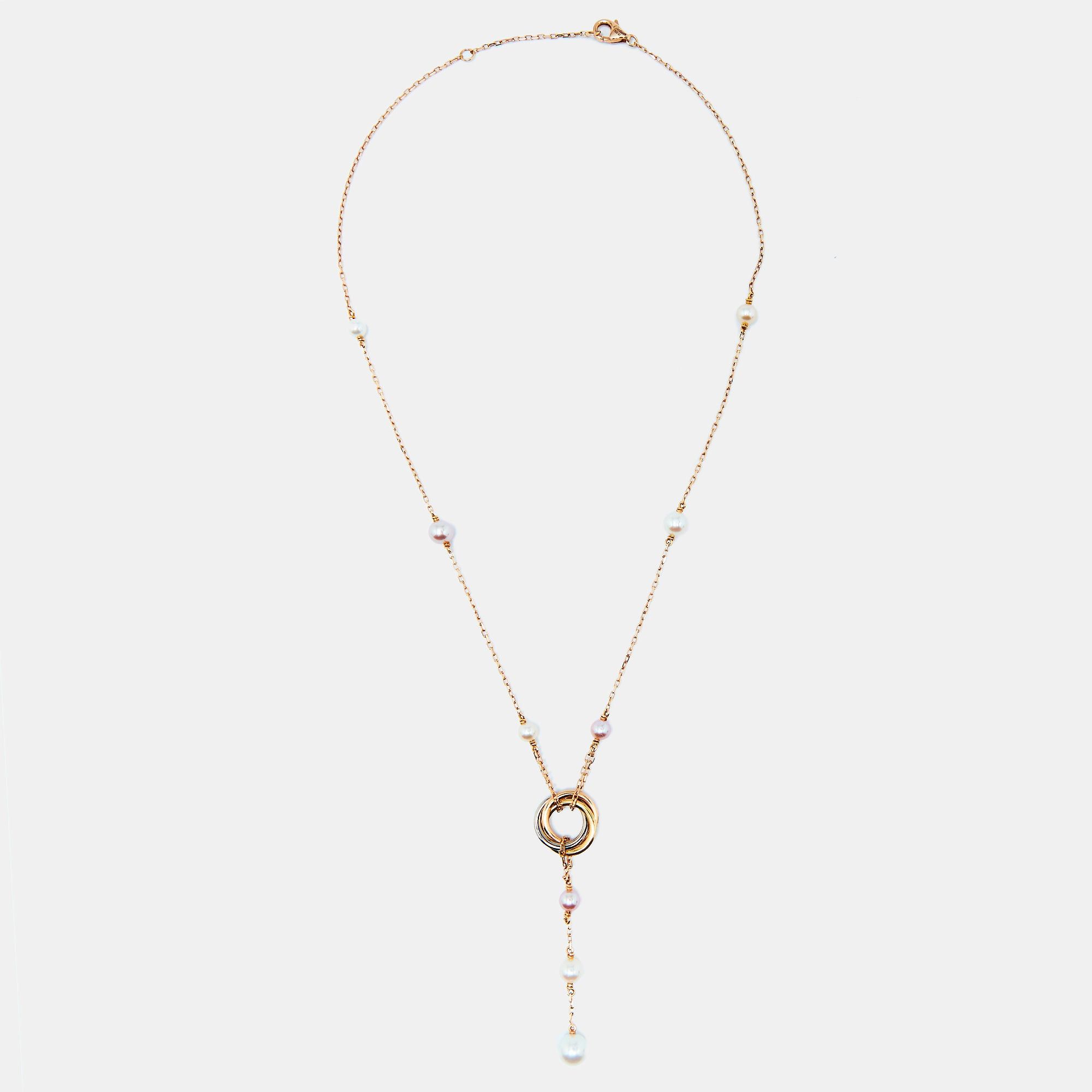 image of Cartier Trinity De Cultured Pearl 18K Three Tone Gold Necklace, Women's