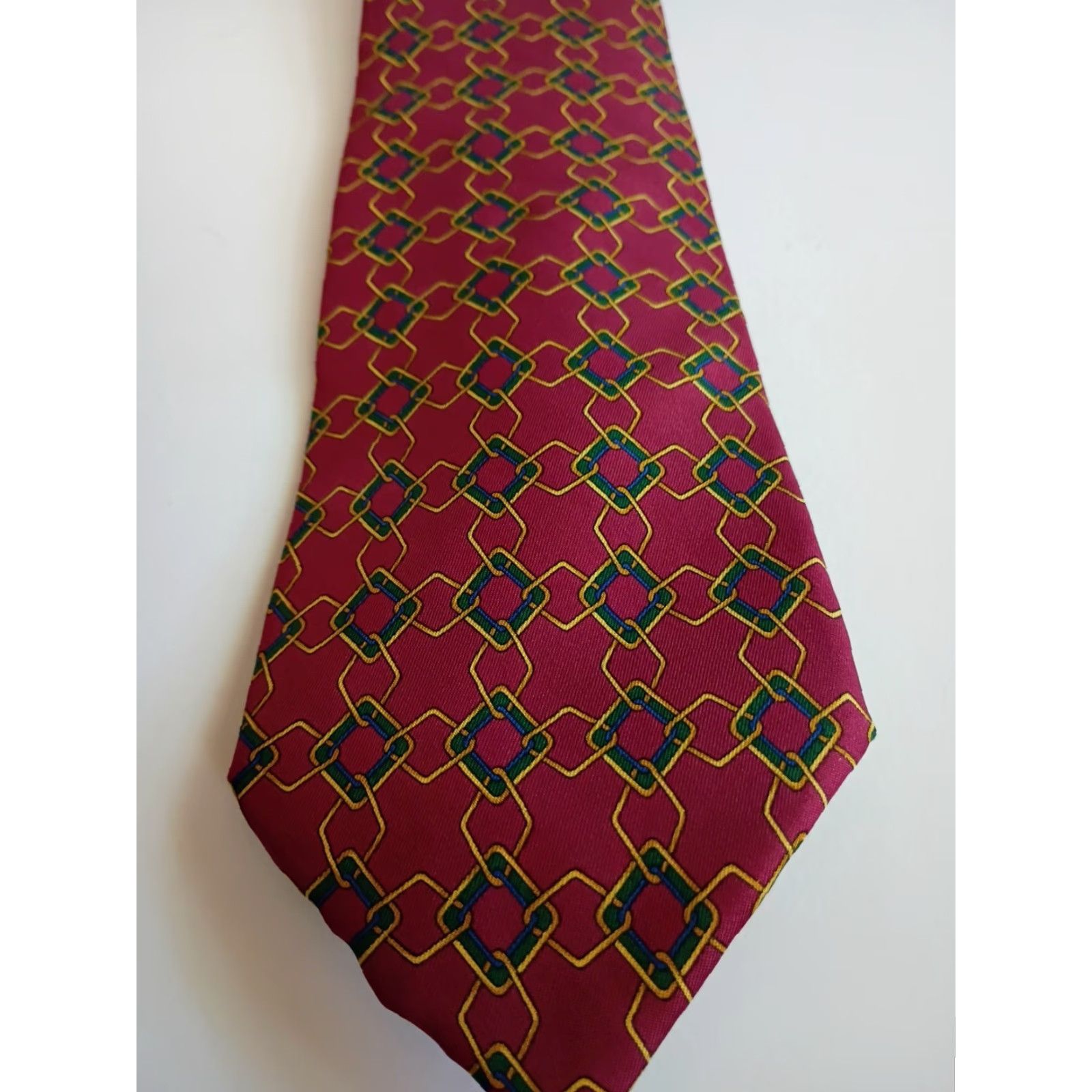 Sulka VINTAGE Sulka Silk Necktie France Geometric Chain Link Design Red Designer Tie Men 57-60" Long 3.75" Wide Size ONE SIZE - 2 Thumbnail