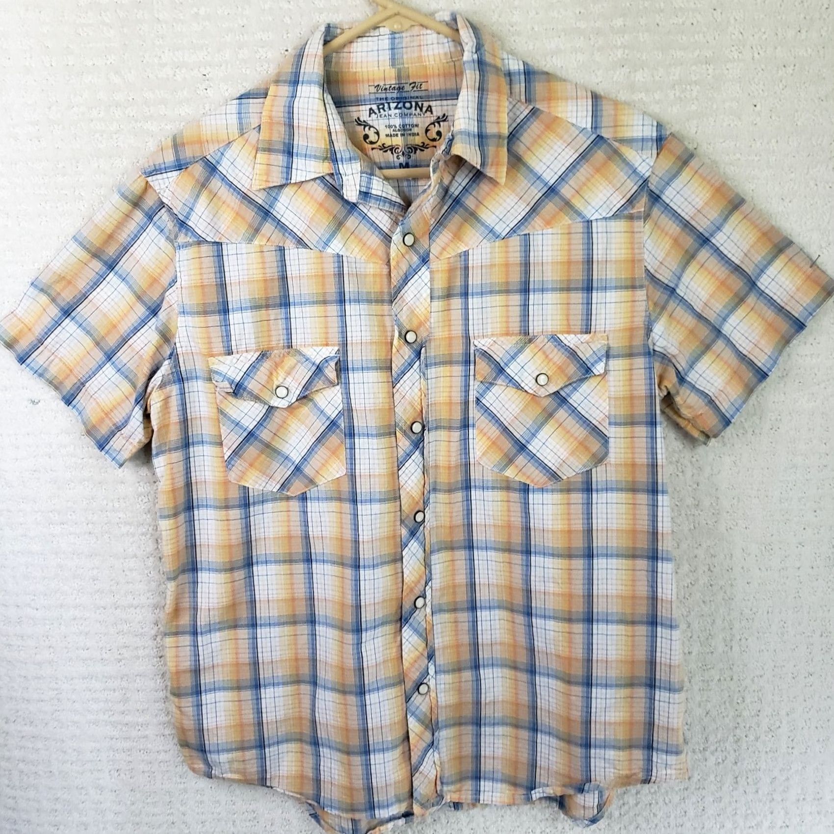 Vintage VINTAGE AriZona Western Shirt Cotton Blue Peach Plaid Short Sleeve Pearlsnap Button-Up M Mens BB 90s Size US M / EU 48-50 / 2 - 2 Thumbnail