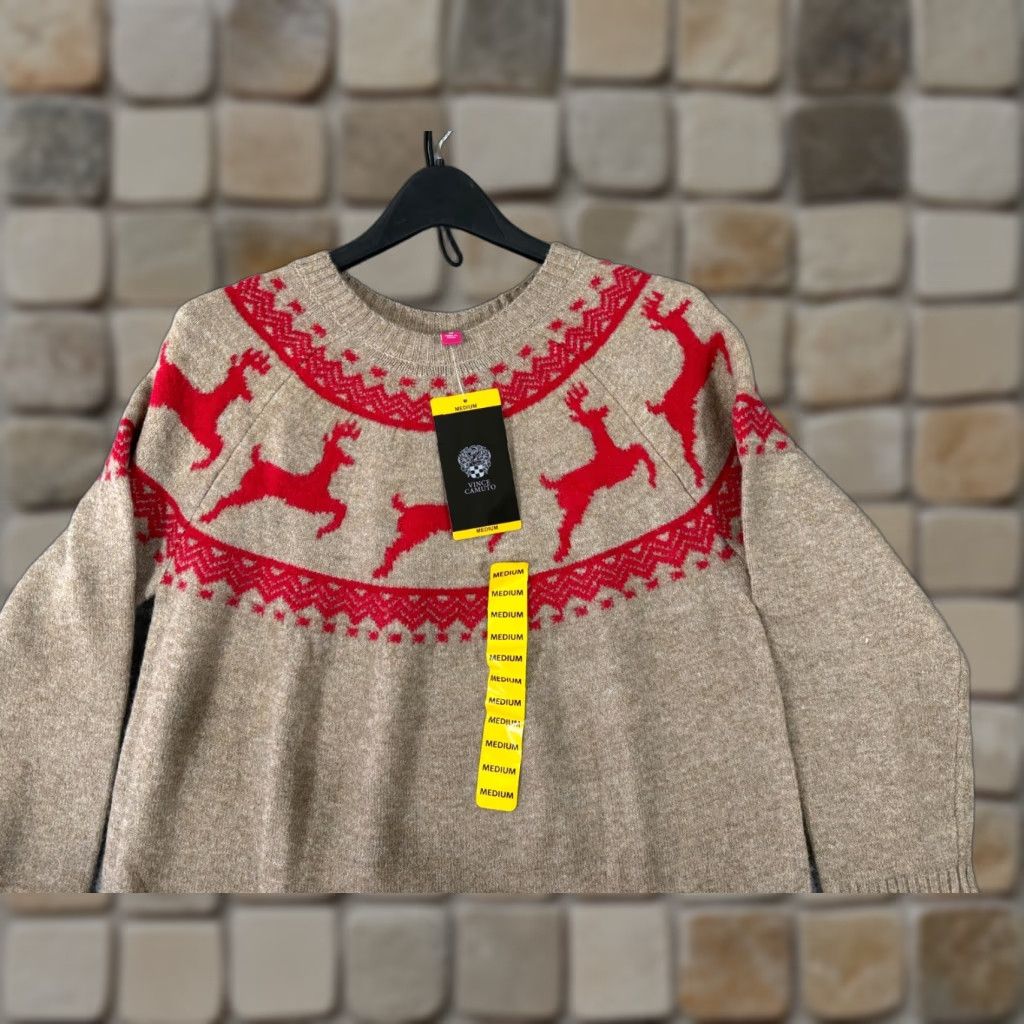 Vince Camuto Vince Camuto Holiday Sweater Womens M Brown Red Reindeer Fair Isle Stretch NWT Size M / US 6-8 / IT 42-44 - 1 Thumbnail