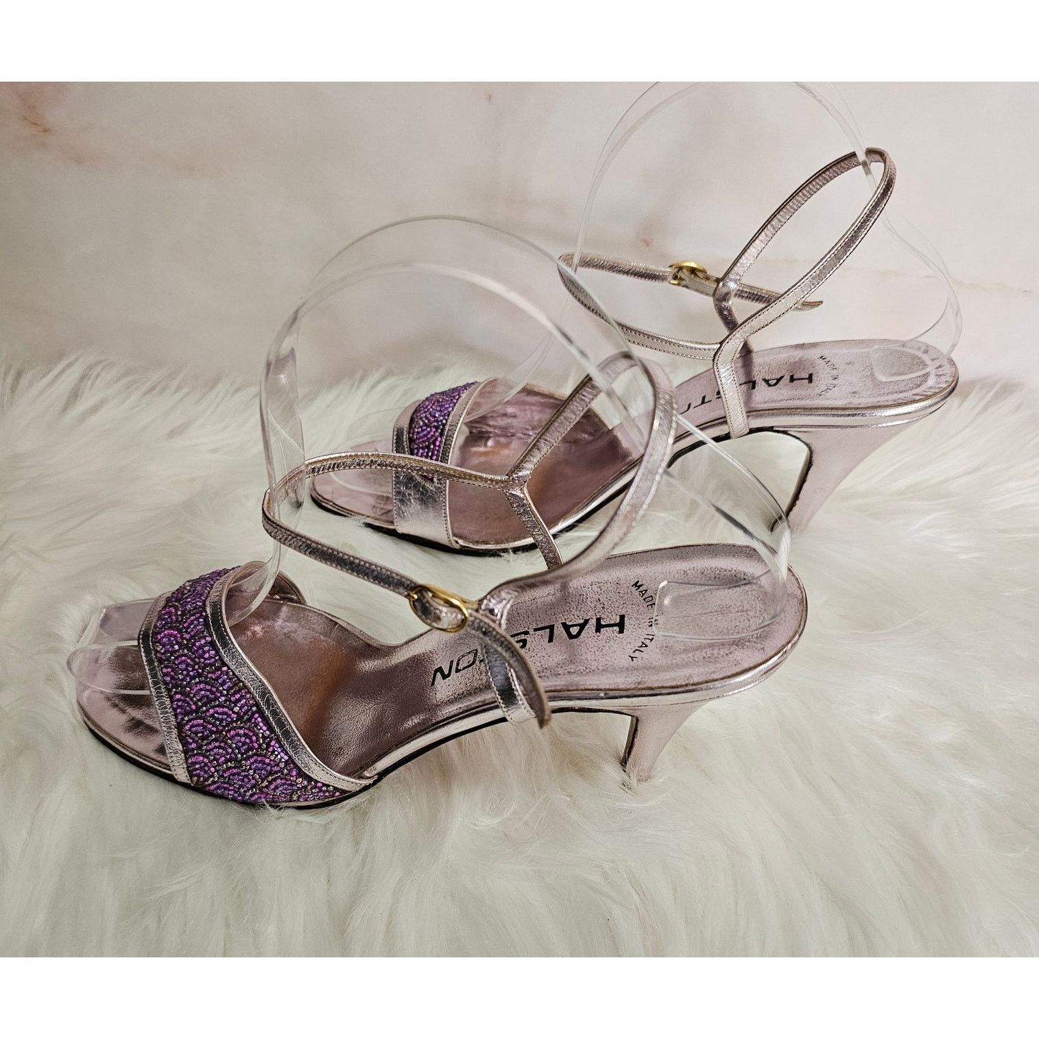 Halston EUC VTG HALSTON Lavander Beaded Metallic Heel Sandals 7.5 Size US 7.5 / IT 37.5 - 5 Thumbnail