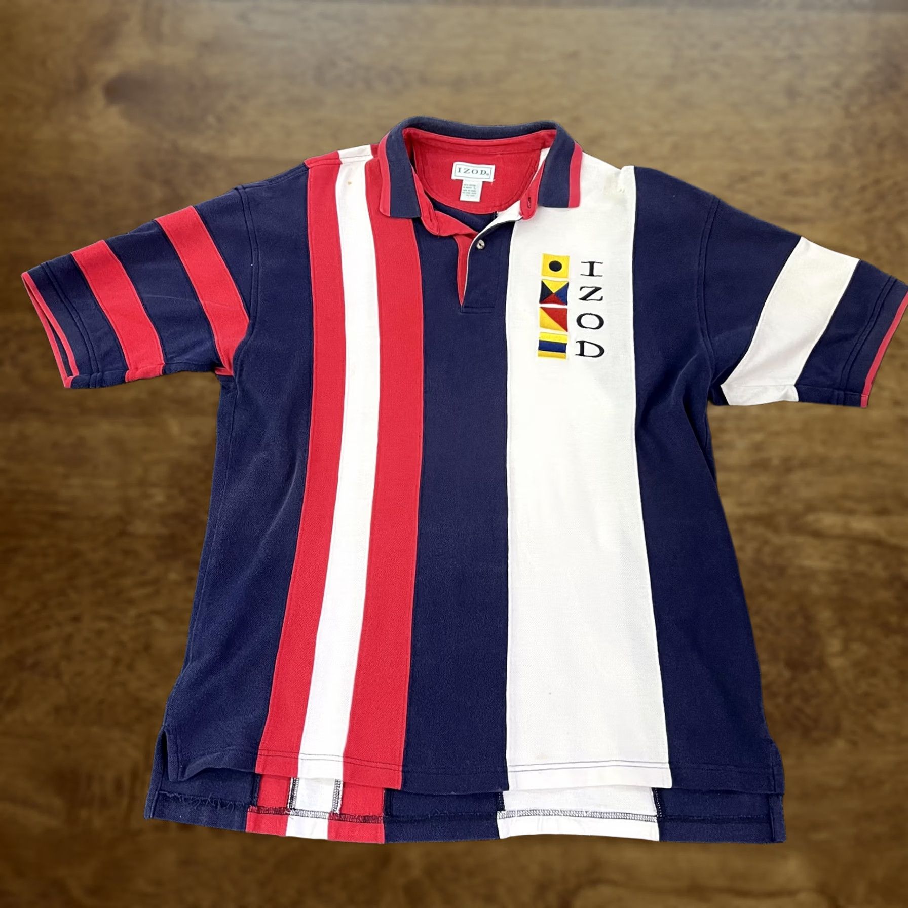 Izod VINTAGE Izod Polo Shirt Men L Navy Red White Striped Nautical Flag Embroidered Logo 100% Cotton Size US L / EU 52-54 / 3 - 1 Thumbnail