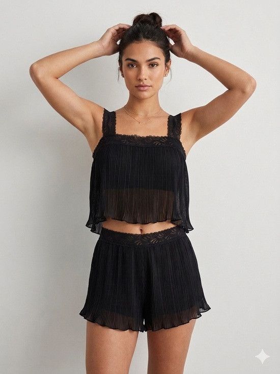 Vintage Black Lace Pleated Chiffon Camisole Semi-Sheer Shorts Set Size 28" / US 6 / IT 42 - 1 Thumbnail