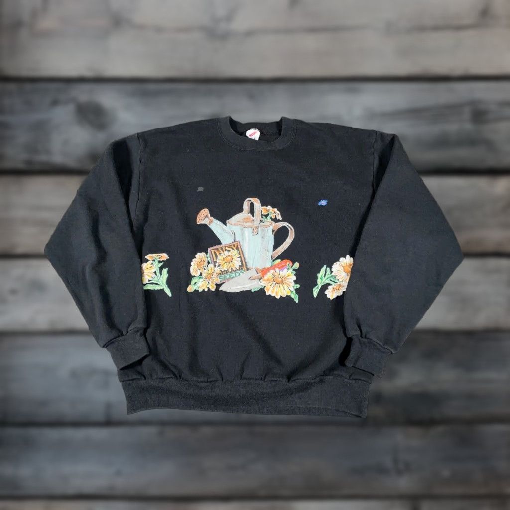Jerzees VINTAGE Jerzees Sweatshirt Shirt Women Adult Large Black 90s Flower Nature Graphic Print Pull Over Size L / US 10 / IT 46 - 1 Thumbnail