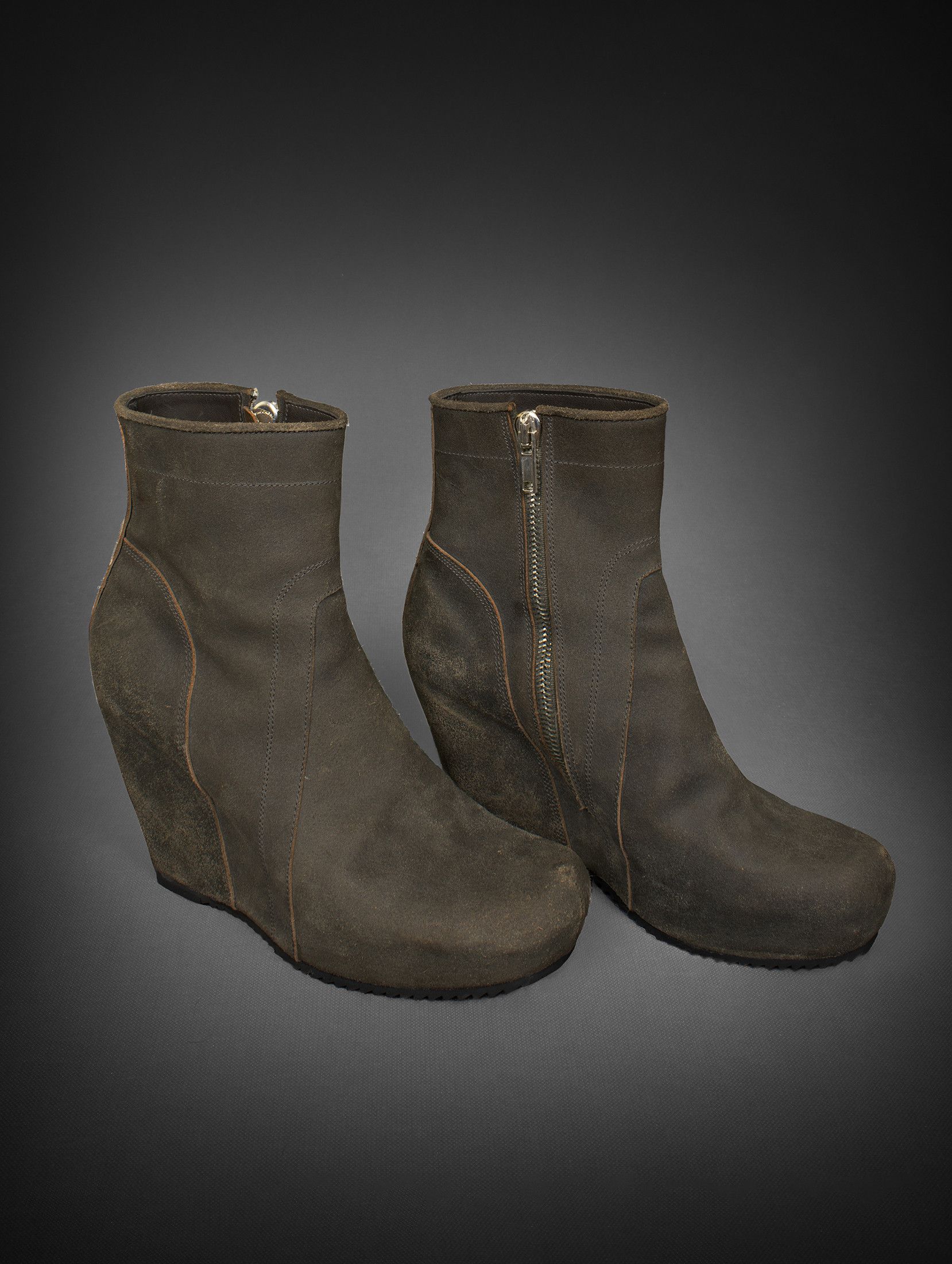 image of Rick Owens New. Wedge Zipped Leather Boots, Gleam F/w 2010, Runway in Dark Dust, Men's (Size 11)