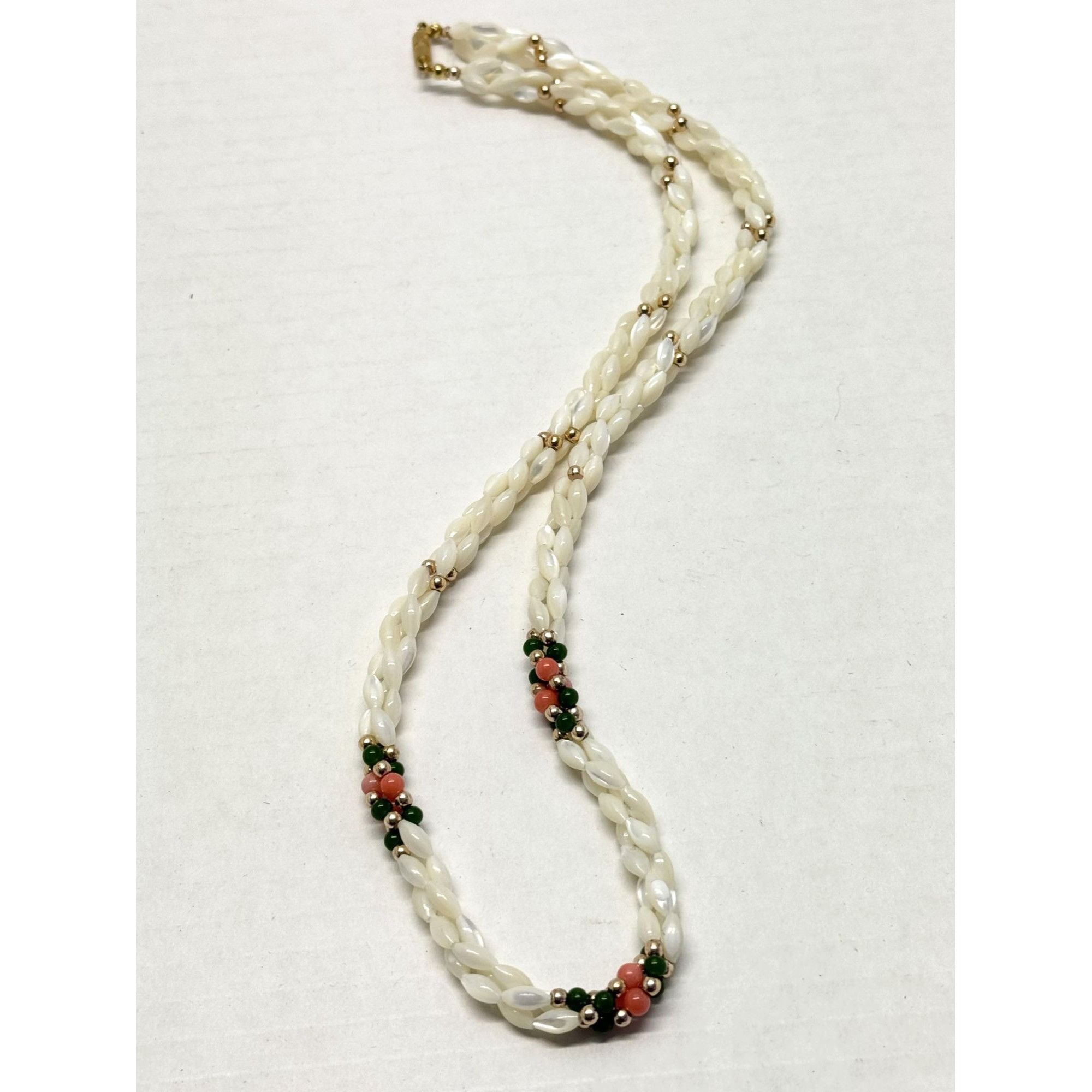 Vintage mother of pearl coral beaded braided necklace