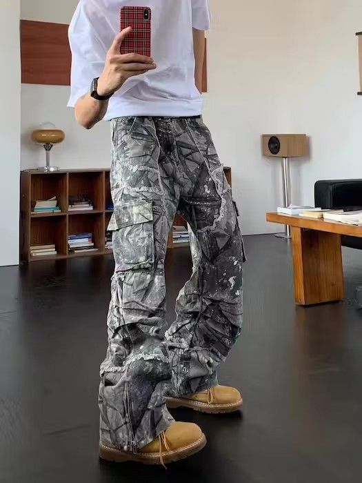 Vintage Retro Camo Multi-Pocket Wide-Leg Cargo Jeans