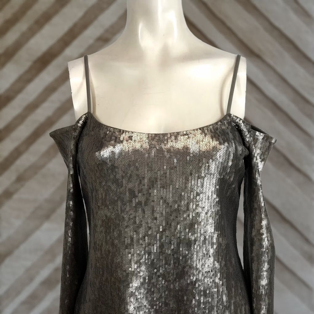 Express EXPRESS Sequin Cold Shoulder Long Sleeve Bodycon Mini Dress Womens M Silver Size M / US 6-8 / IT 42-44 - 1 Thumbnail