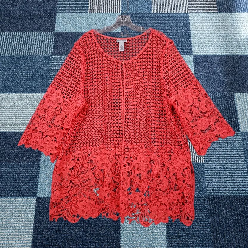 Vintage Catherines Cardigan Womens 16W Red Women Plus Tunic Crochet Lace Sleeve Boho Size XXL / US 16-18 / IT 52-54 - 1 Thumbnail