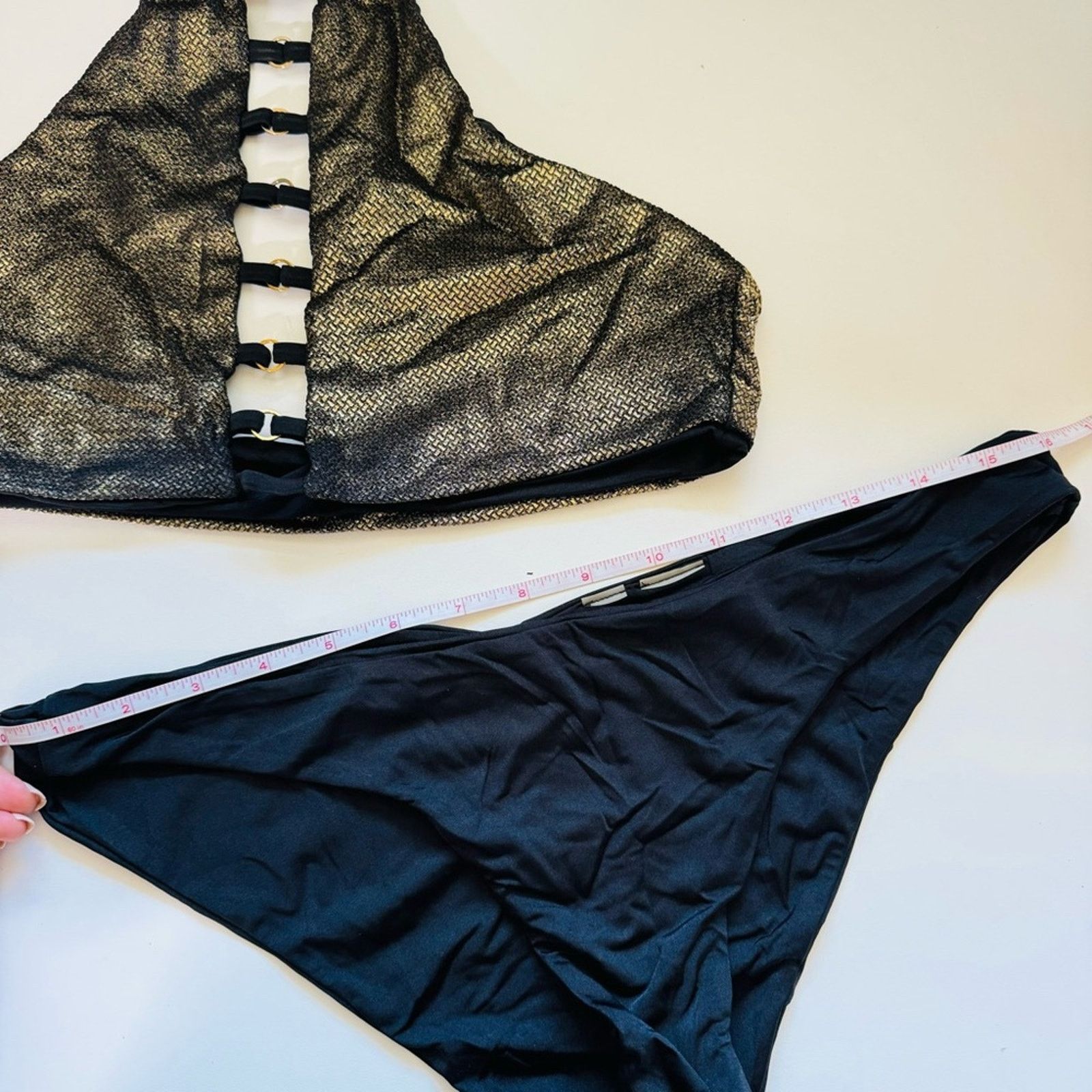 REVOLVE BEACH BUNNY Bronze Fools Gold Halter Bikini Top Black Bottom Size ONE SIZE - 8 Thumbnail