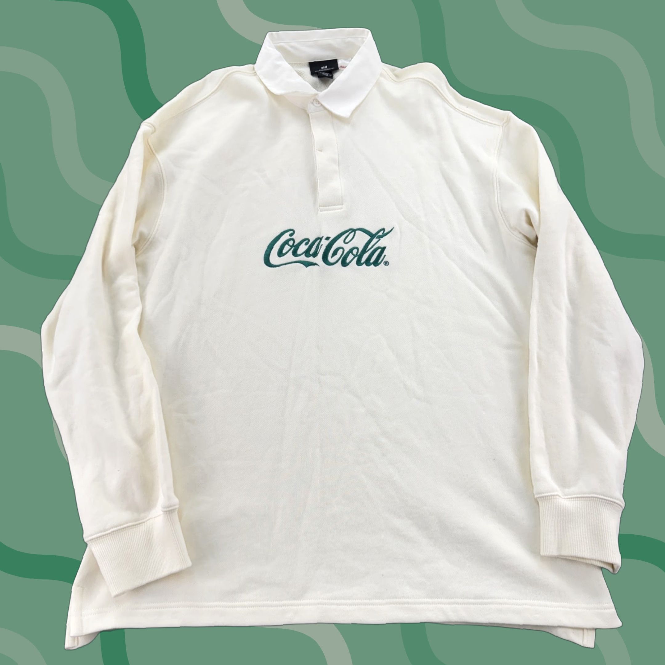 H&M H&M Coca-Cola Pullover Shirt Mens Medium Long Sleeve Rugby Embroidered Graphic Print Coca-Cola Bottle Logo Collared Polo Retro Collaboration Size US M / EU 48-50 / 2 - 1 Thumbnail