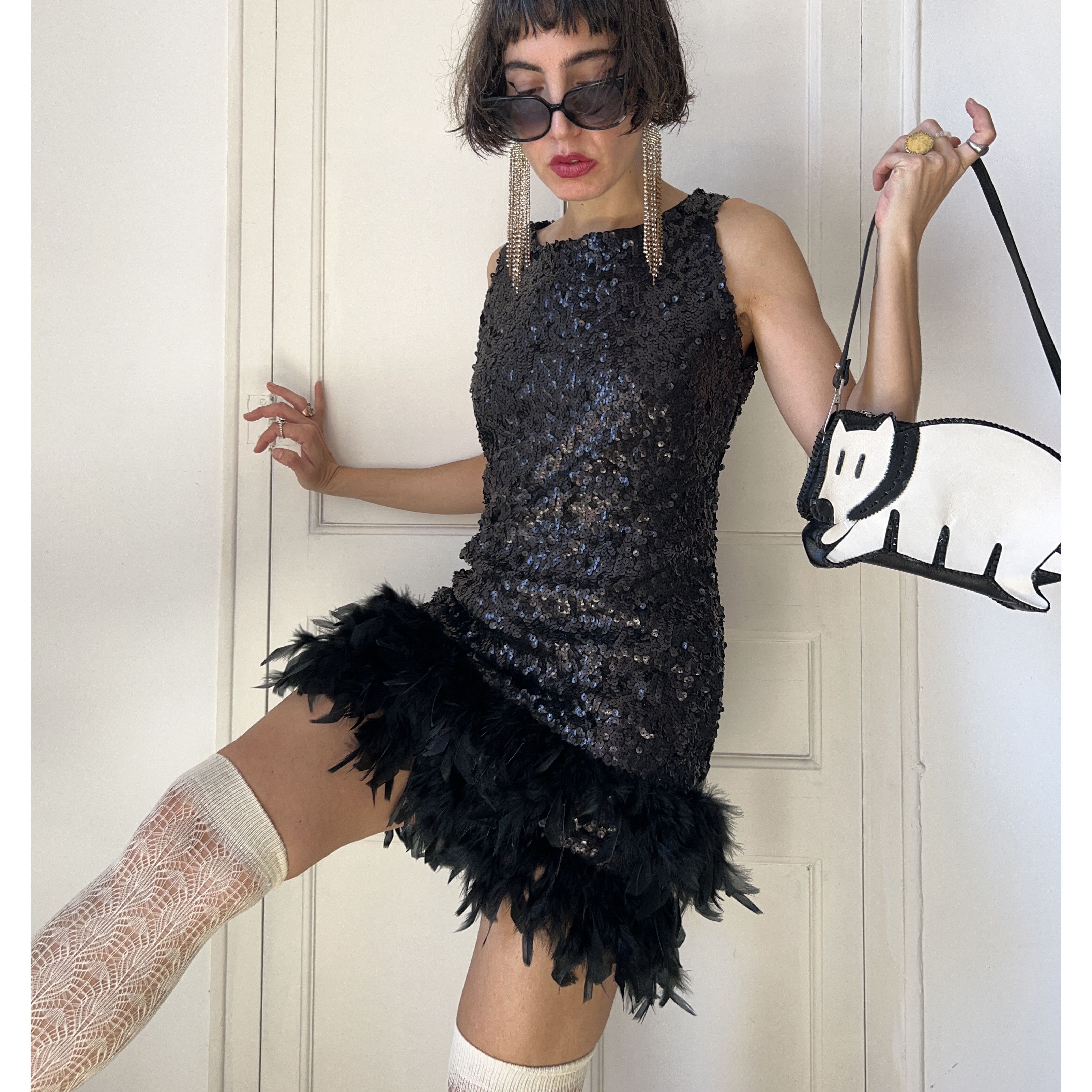 Vintage Vintage Y2K Black Sequin Feather Mini Dress Size M / US 6-8 / IT 42-44 - 3 Thumbnail