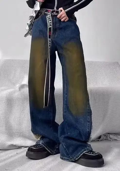 image of Streetwear Vintage Retro Punk Distressed Denim Jeans Pants in Blue, Men's (Size 32)