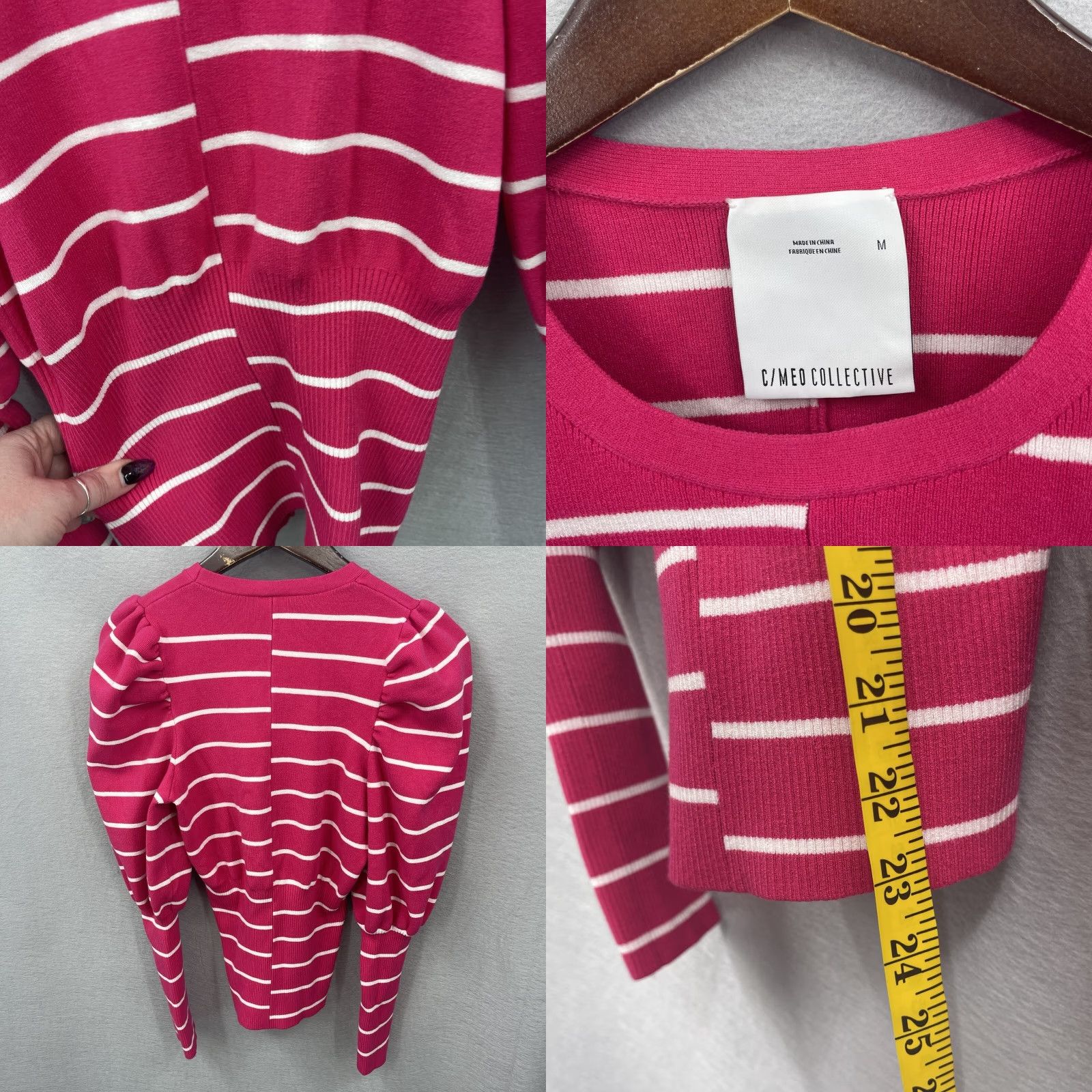 Vintage C/MEO COLLECTIVE Sweater Women M Striped Puff Sleeve Knit Pink Preppy Pullover Womens Size M / US 6-8 / IT 42-44 - 8 Thumbnail