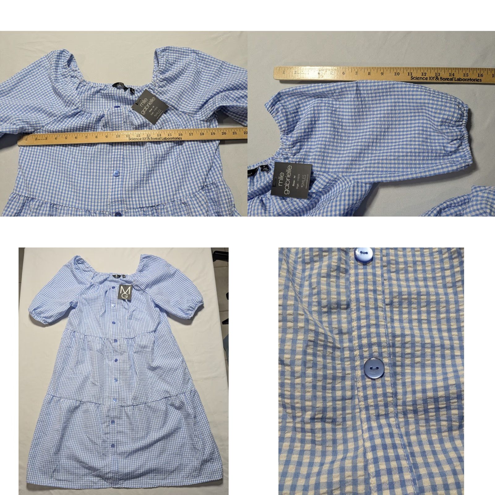 Vintage MLLE GABRIELLE Blue White Gingham Dress - Women Medium Pullover NEW Midi Sundress Short Puff Sleeve Scoop Neck Womens Size M / US 6-8 / IT 42-44 - 8 Thumbnail