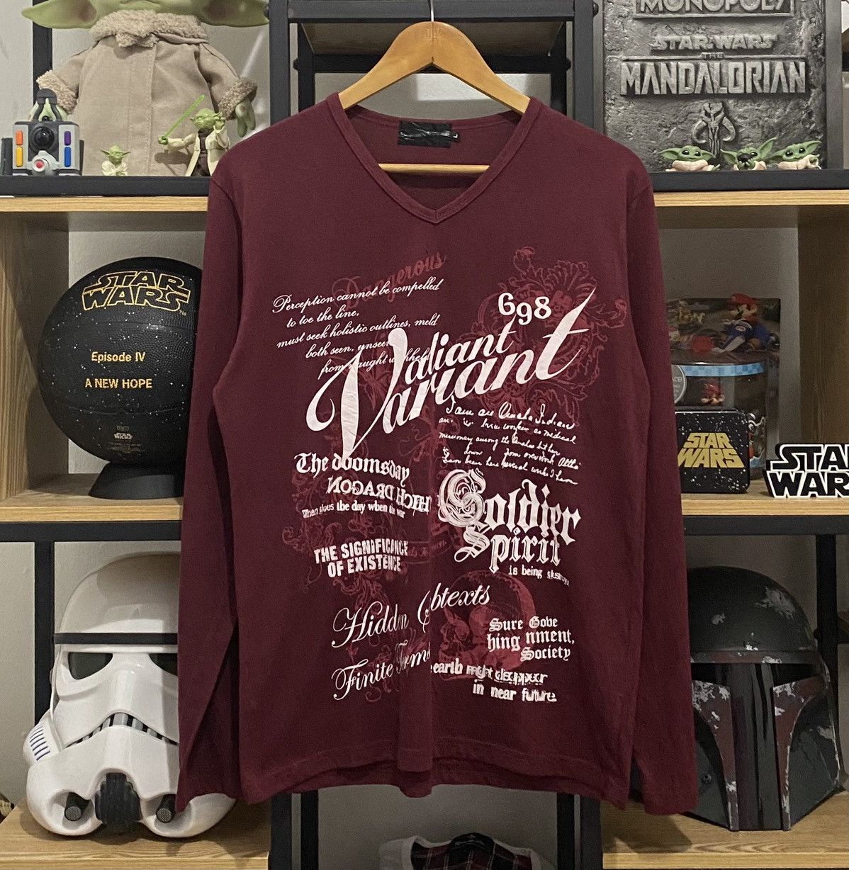 image of Affliction x If Six Was Nine Japan Brand Grunge Skull Blossom Tattoo Poem Longsleeve Tee in Maroon 