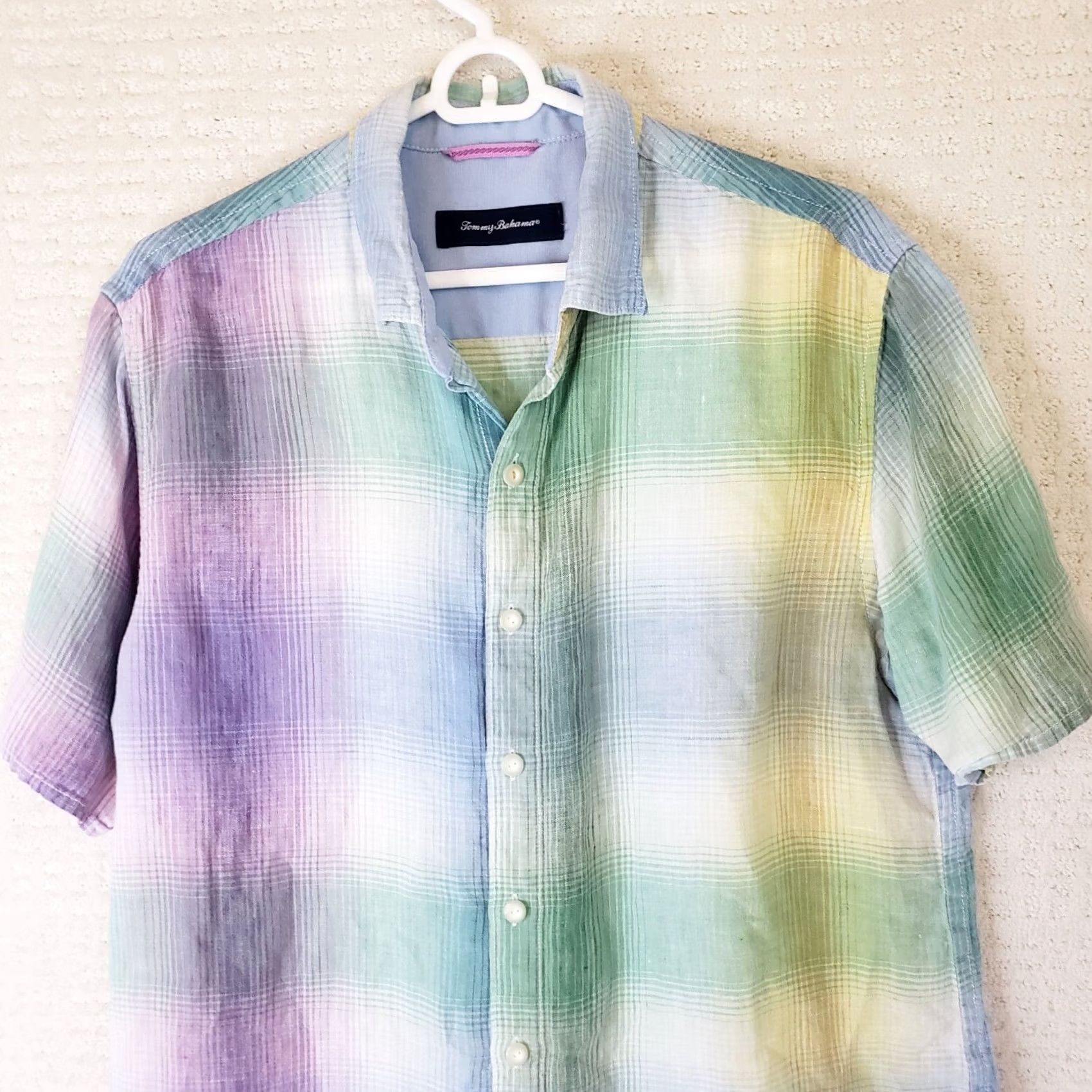 Tommy Bahama Tommy Bahama Men's M Purple Multicolor Plaid 100% Linen Short Sl Shirt Fish Logo Size US M / EU 48-50 / 2 - 2 Thumbnail