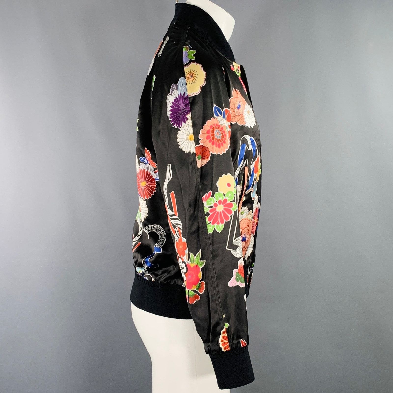 Saint Laurent Paris 40 Black Multi Color Floral Viscose Varsity Jacket Size US L / EU 52-54 / 3 - 3 Thumbnail