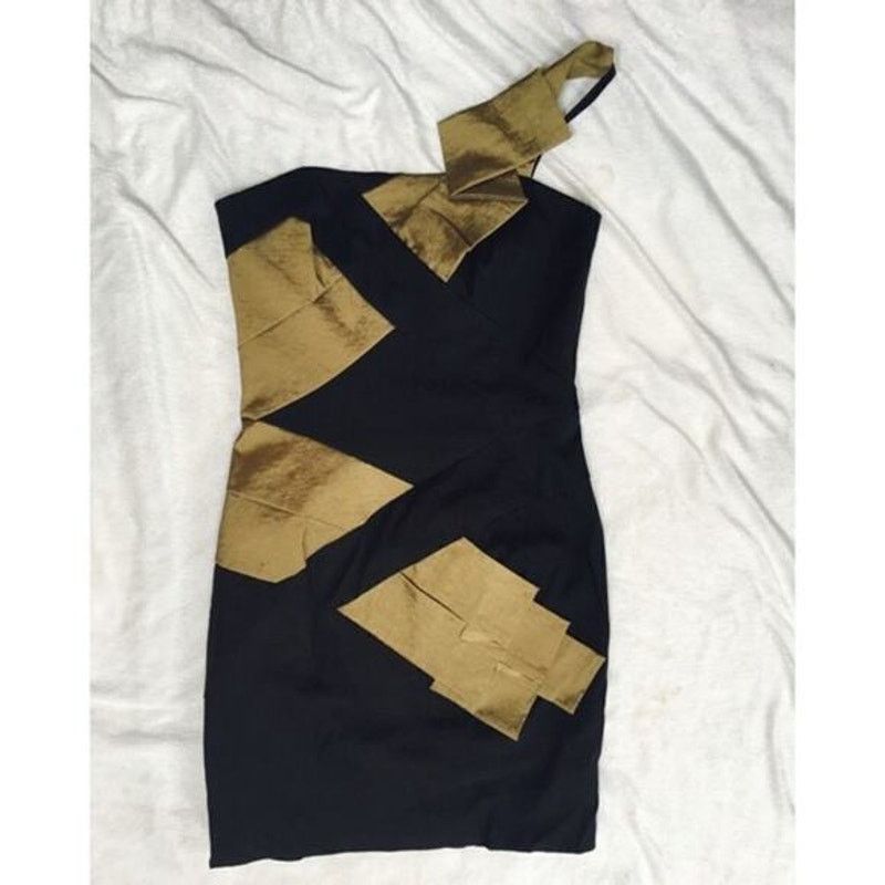 Other Cache Modern Black and Gold One-Shoulder Dress | Sz 2 | Grailed