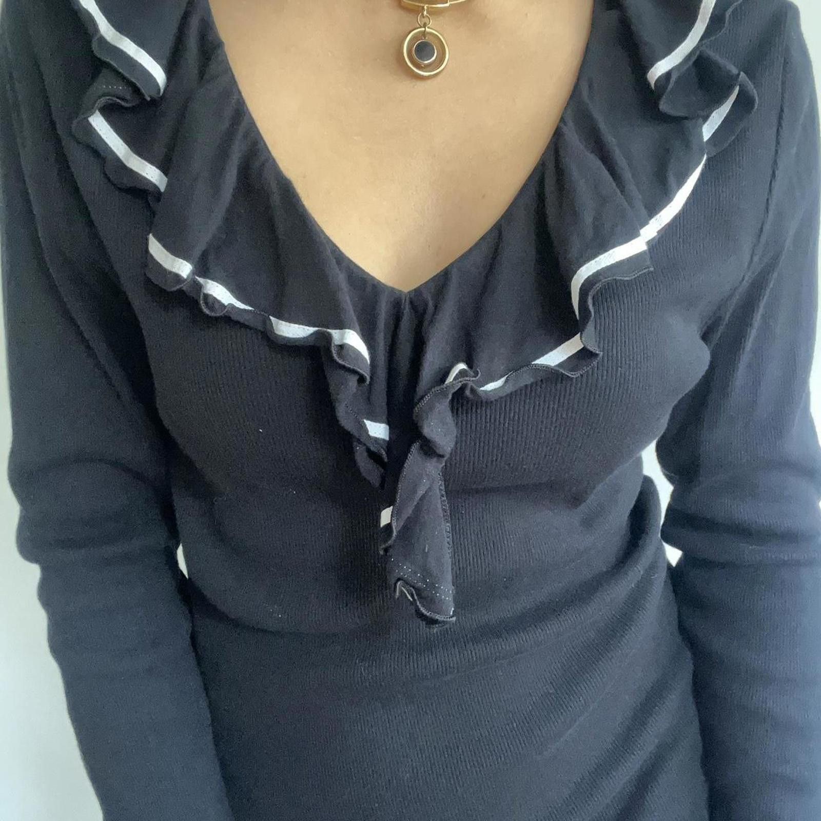 Lauren Ralph Lauren Navy blue ruffle neck sweater with white details #balletcore Size M / US 6-8 / IT 42-44 - 7 Thumbnail