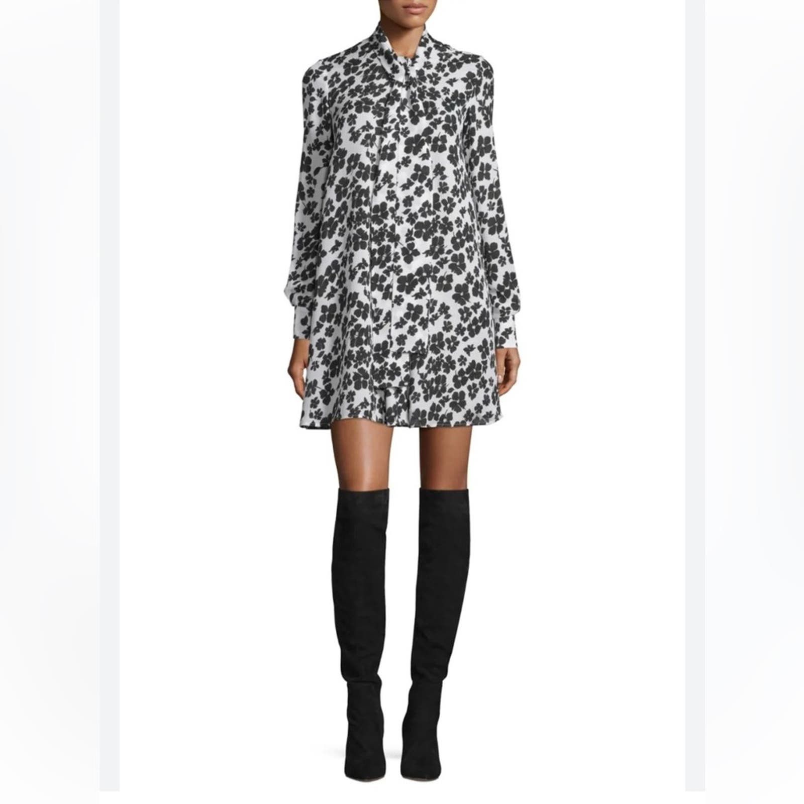 Image of Mcq Alexander Mcqueen Long-Sleeve Floral Silk Mini Dress 6 in Black, Women's (Size Small)