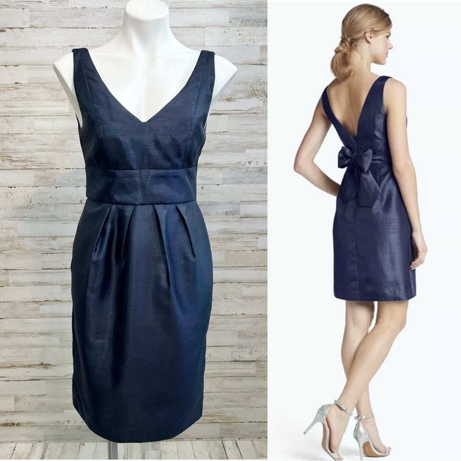 image of Jenny Yoo Cadie Bow Detail Sheath Dress Size 4 Navy Pockets in Blue, Women's