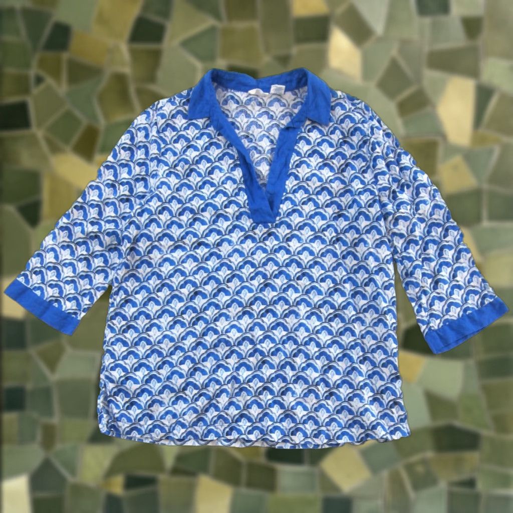Vintage Sidrid Olsen 100% Linen Blue White Fan Motif Collared 3/4 Sleeve Blouse XL Size XL / US 12-14 / IT 48-50 - 1 Thumbnail