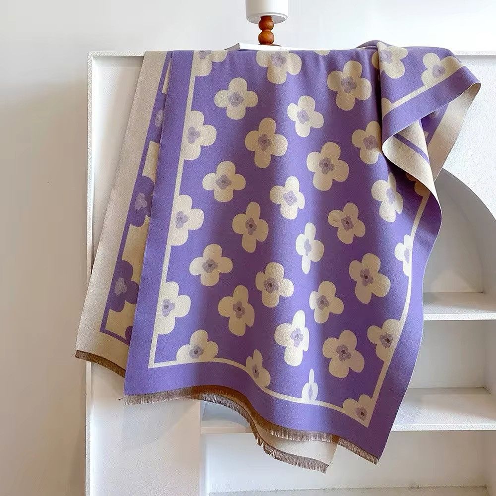 Japanese Brand × Vintage Scarf Luxury Double Sided Cashmere Feel Flower Warm Shawl Size ONE SIZE - 4 Thumbnail