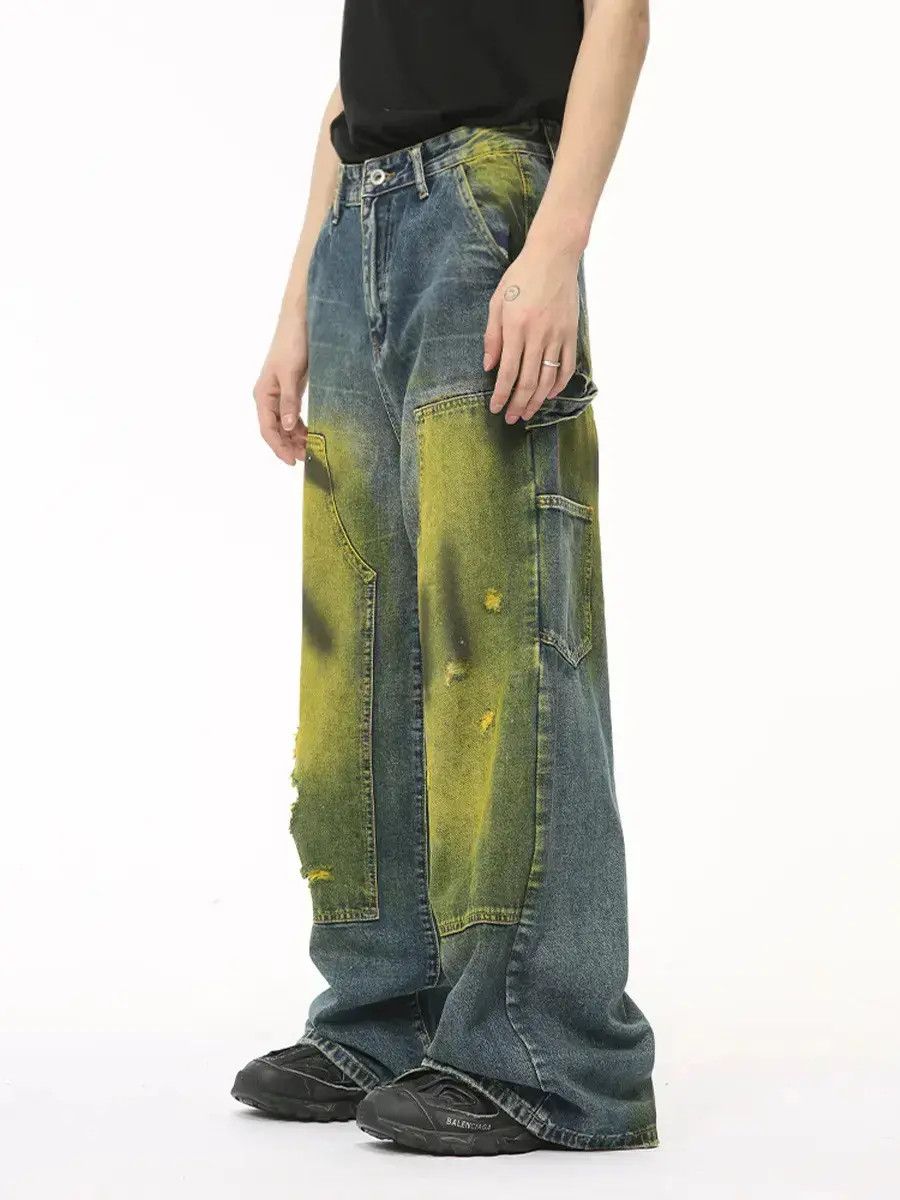 Retro loose straight tie dye ripped jeans