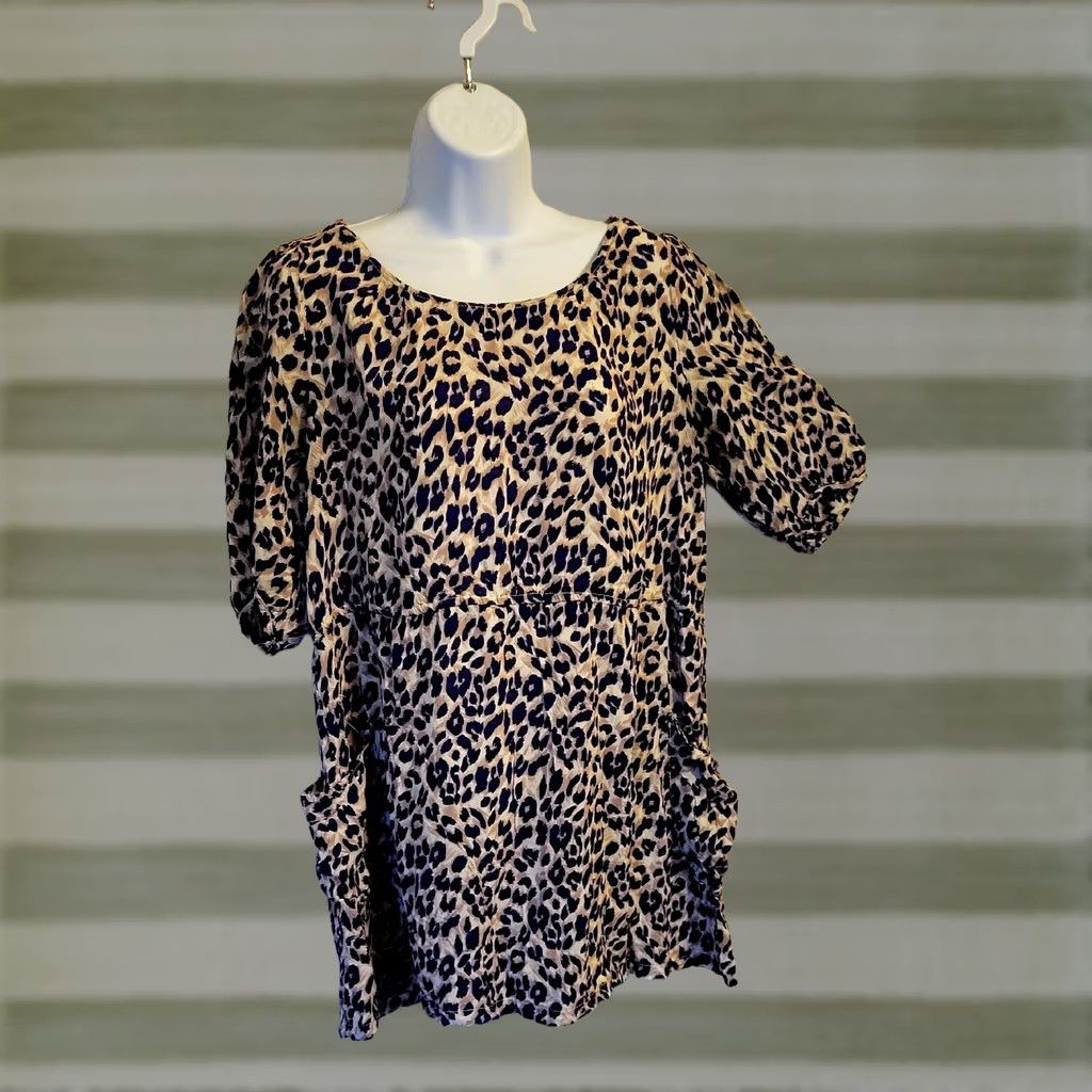 Vintage Twenty One Leopard Smock Top Blouse Mini Dress Pockets Blue Style L Size L / US 10 / IT 46 - 1 Thumbnail