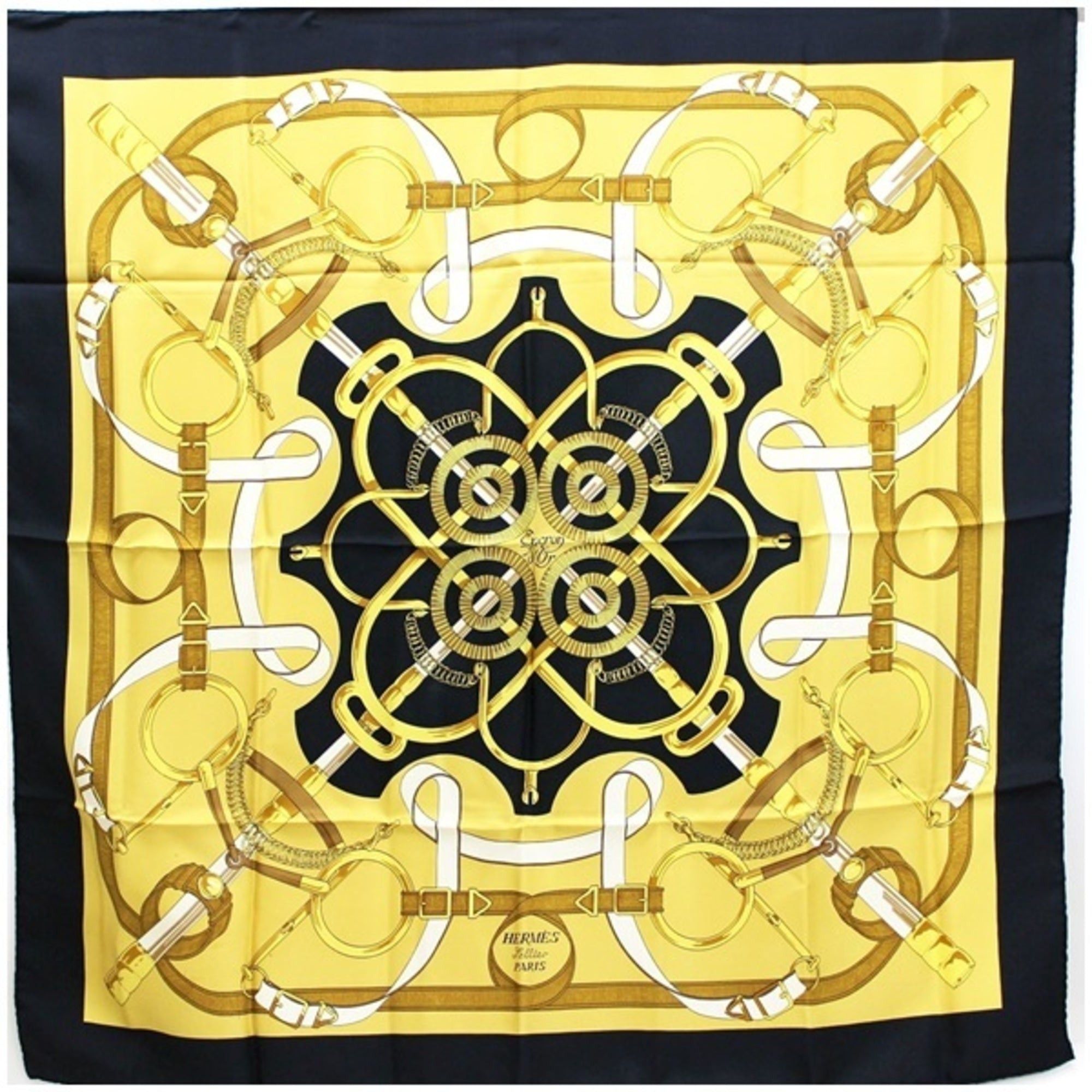 image of Hermes Silk Scarf Muffler Carre 90 "eperon D'or" Golden Spur Women's in Black