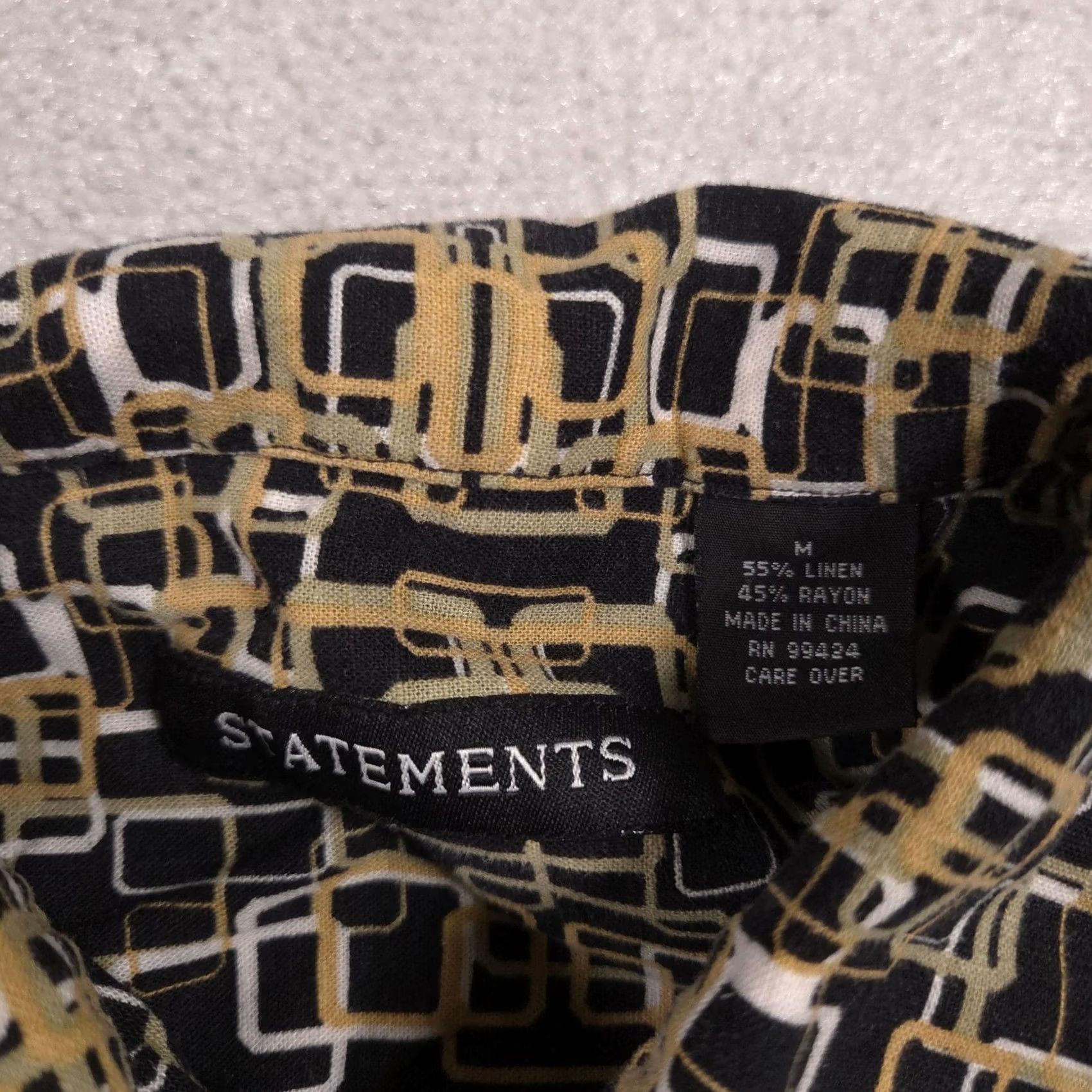 Vintage Statements Shirt Mens Medium Black Geometric Linen Button Front Short Sleeve Size US M / EU 48-50 / 2 - 5 Thumbnail