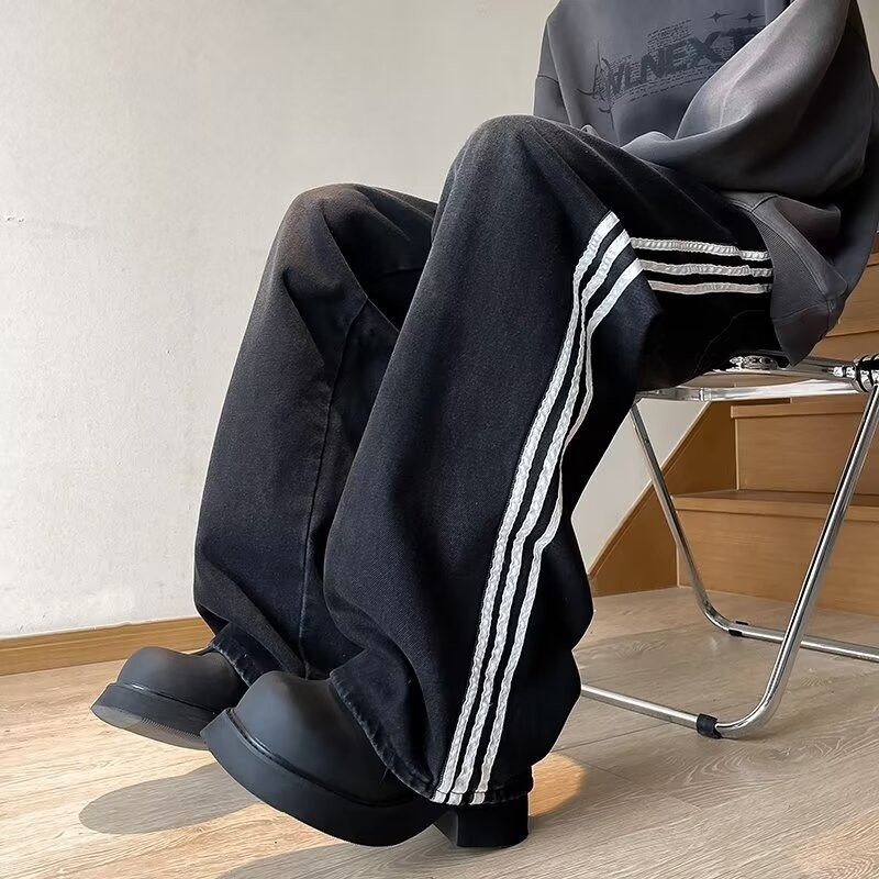 Black Baggy Track Wide Leg Flared Denim Jeans