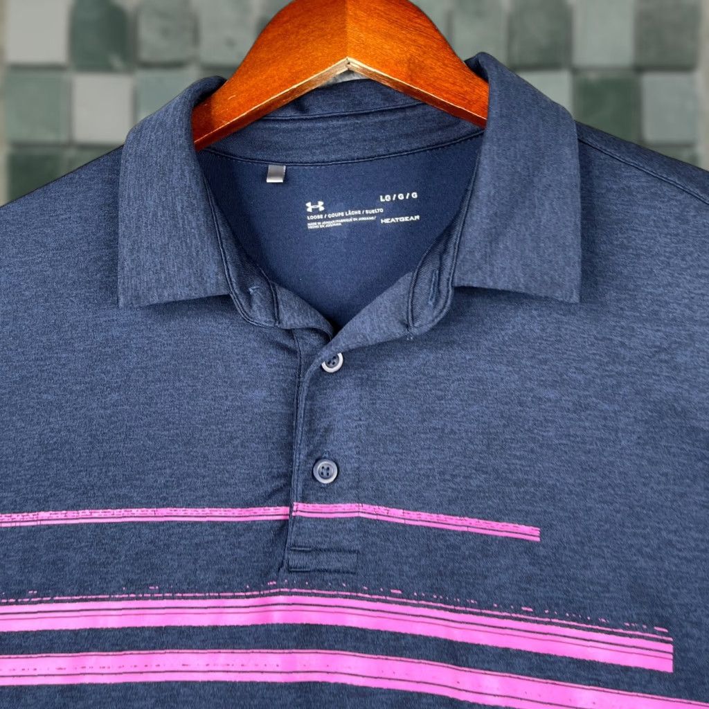 Under Armour Under Armour HeatGear Polo Shirt Mens L Navy Blue Purple Striped Stretch Polo Shirt Sports Golf Short Sleeve Size US L / EU 52-54 / 3 - 1 Thumbnail