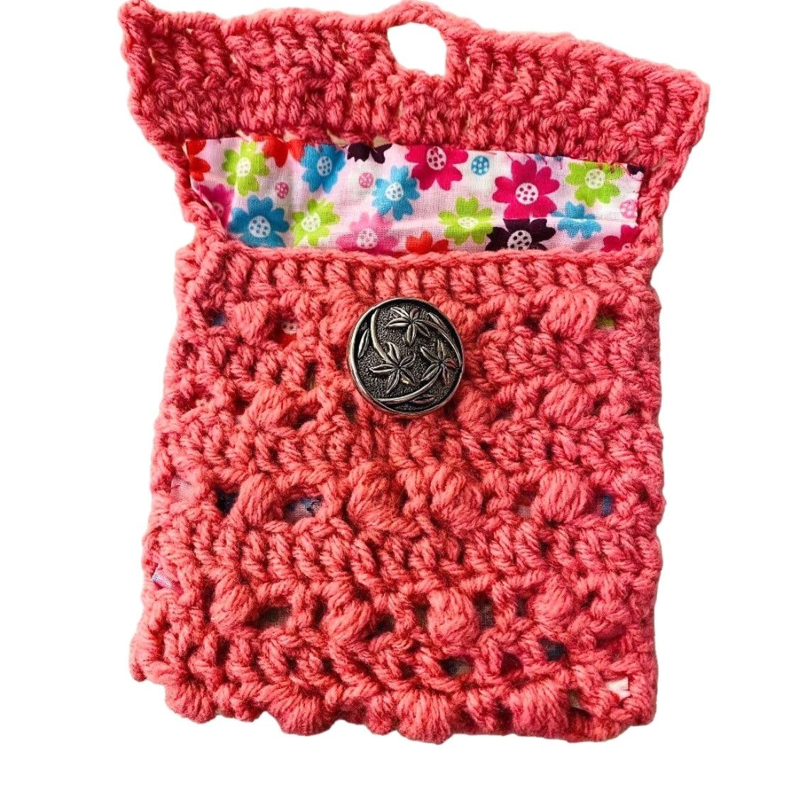 Pinko Handmade Crochet Pouch Pink Lined Floral Accessory Silvertone Button Closure 5.5" h x 5" w Clutch Women Size ONE SIZE - 5 Thumbnail