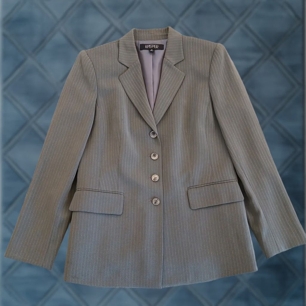 Kasper Kasper Blazer Womens Size 10 Gray Pinstripe Four-Button Ventless Polyester Jacket Notch Lapel Single-Breasted Pant Suit Womens Size L / US 10 / IT 46 - 1 Thumbnail