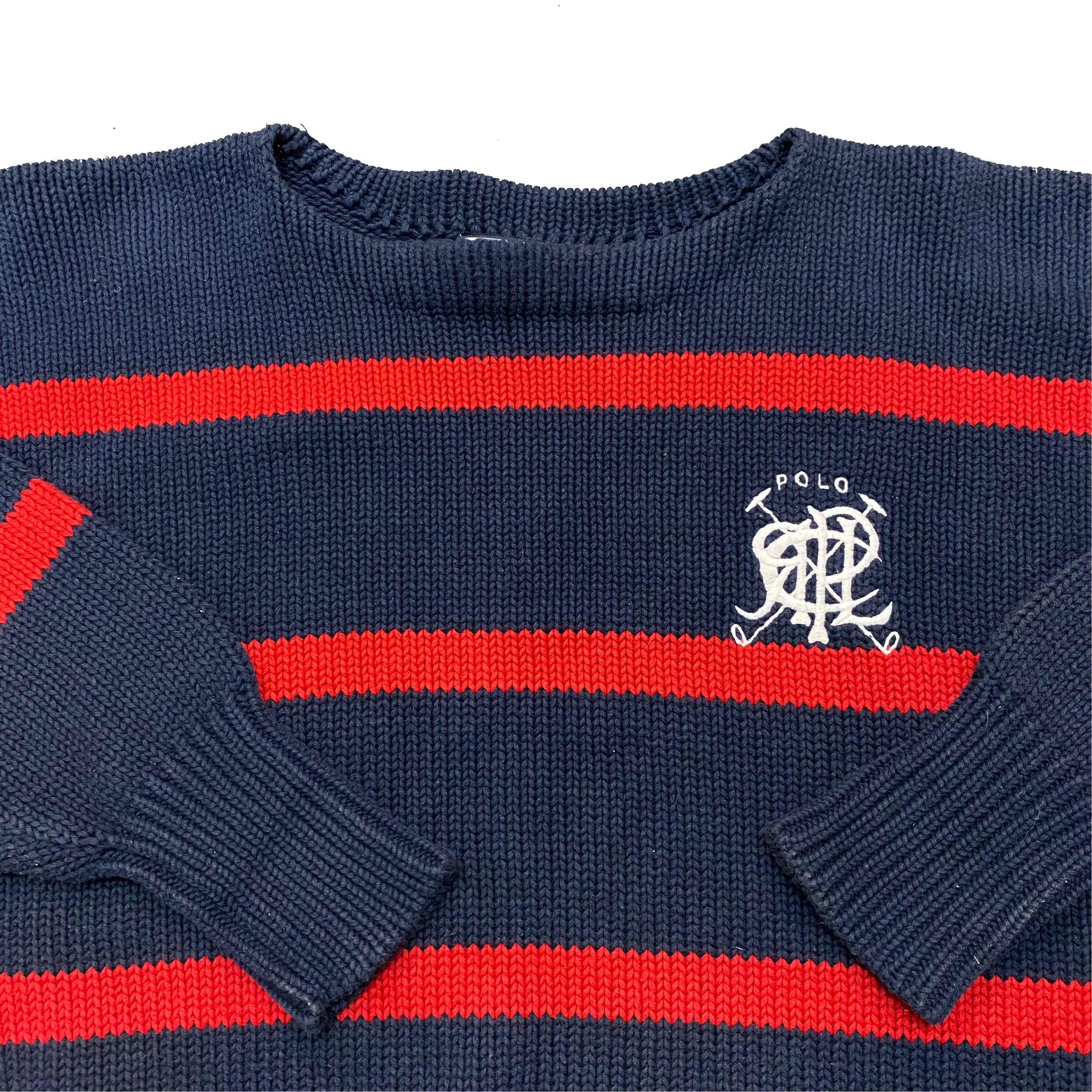 Designer × Polo Ralph Lauren × Vintage VTG 90s Polo Ralph Lauren Striped Crest Sweater OG Size US XL / EU 56 / 4 - 2 Thumbnail